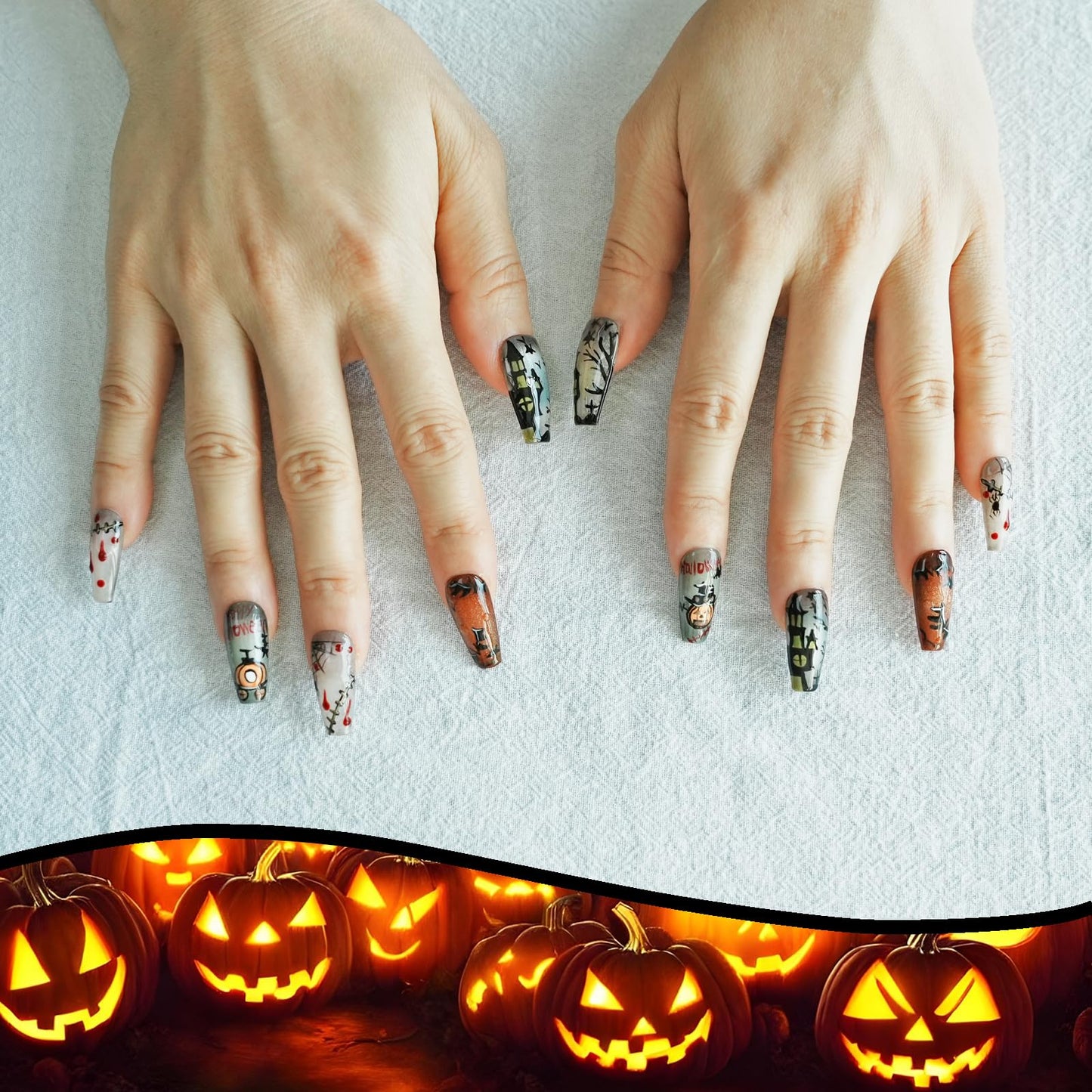 Tesytto Handmade Kawaii Press on Nails Long Coffin - 3D Cartoon Character Design, Luxury Hand-Painted Anime Style False Nails for Women (Halloween House Story,M)