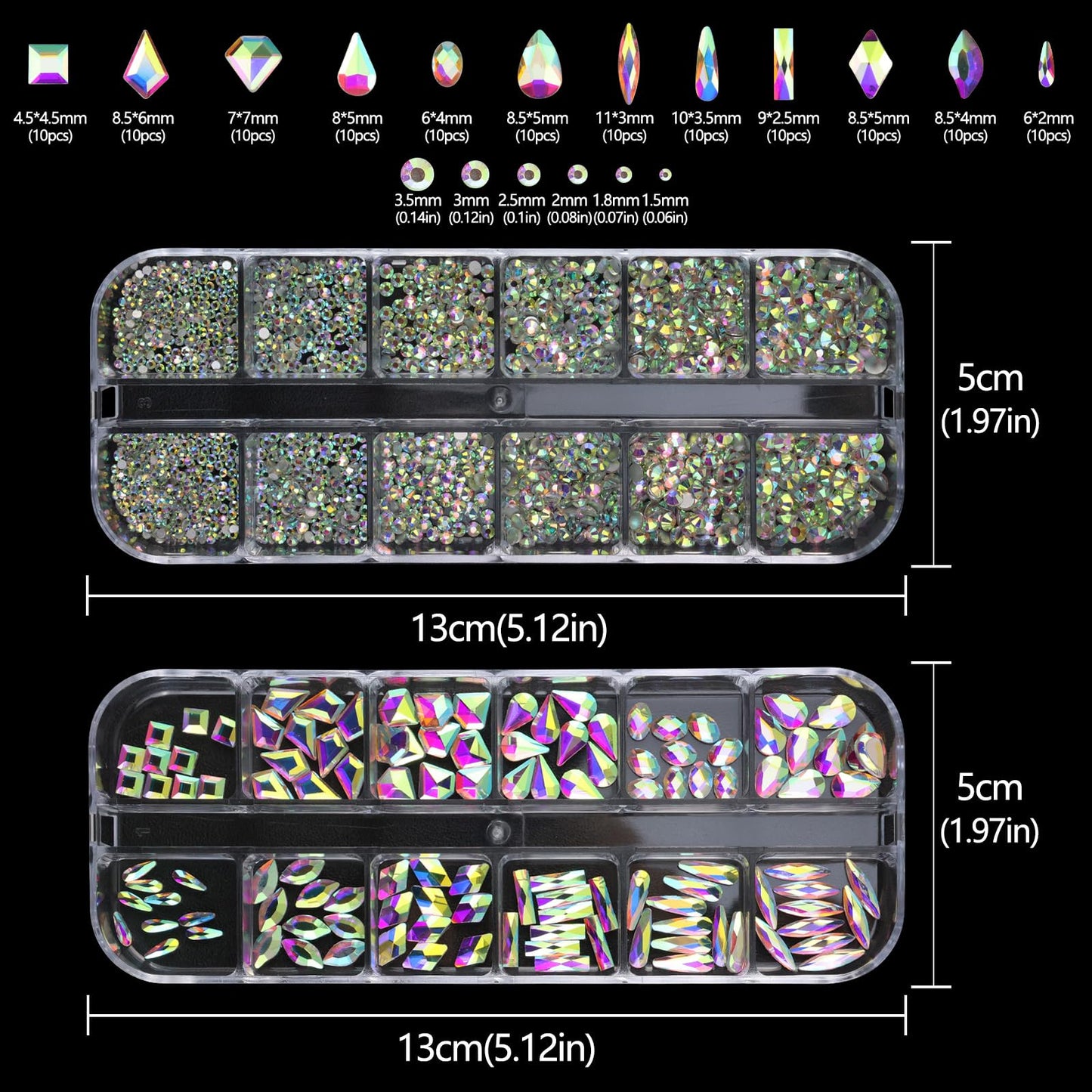 SEMATA AB Crystal Nail Art Rhinestones Charms Flatback Nail Gems Rhinestones Diamonds Multi Shapes AB Crystal Nails Charms Stone Mixed Size Nails Art Accessories Decoration Design for Women