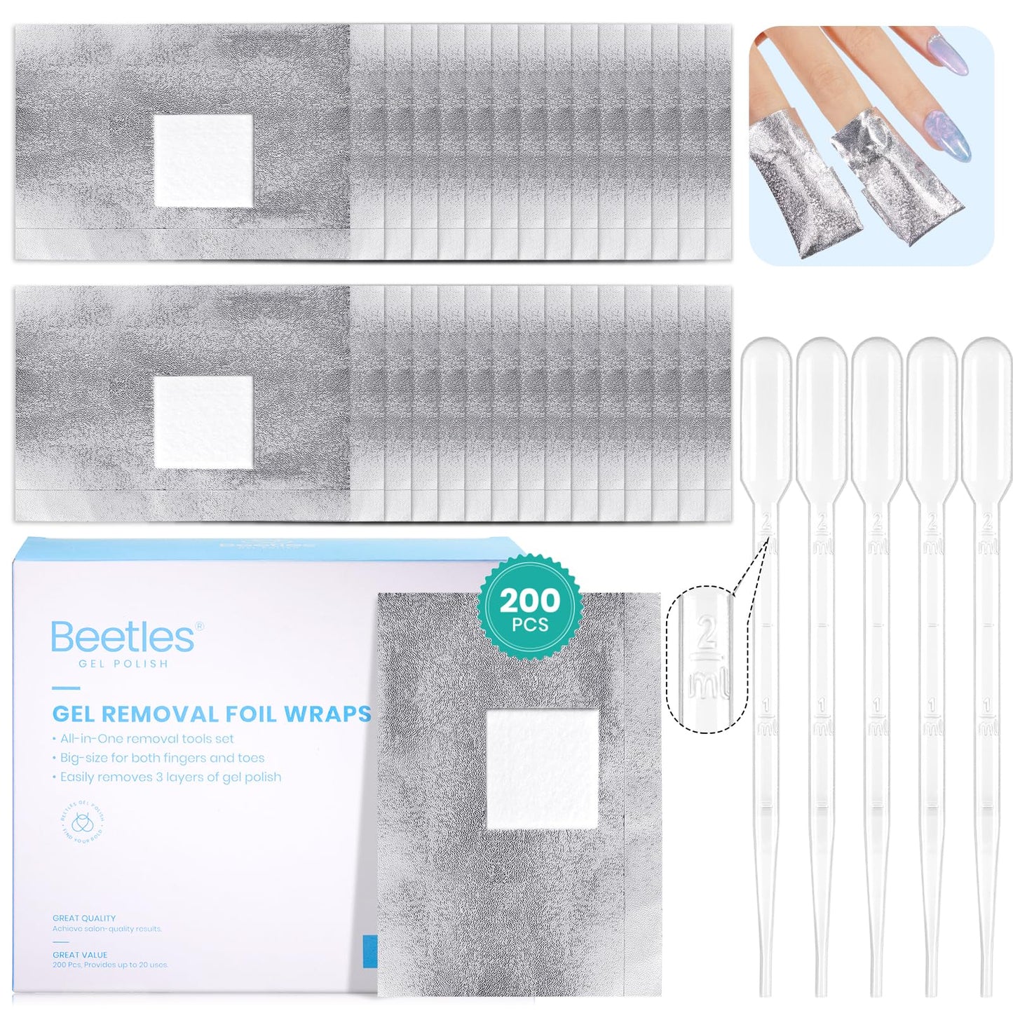 beetles Nail Remover Kit - 200Pcs Nail Soak Off Foil Wraps Gel Nail Polish Remover Tools Larger and Thicker Pre-attached Cotton Pad with Droppers, Easy Manicure Removal for Women Girls