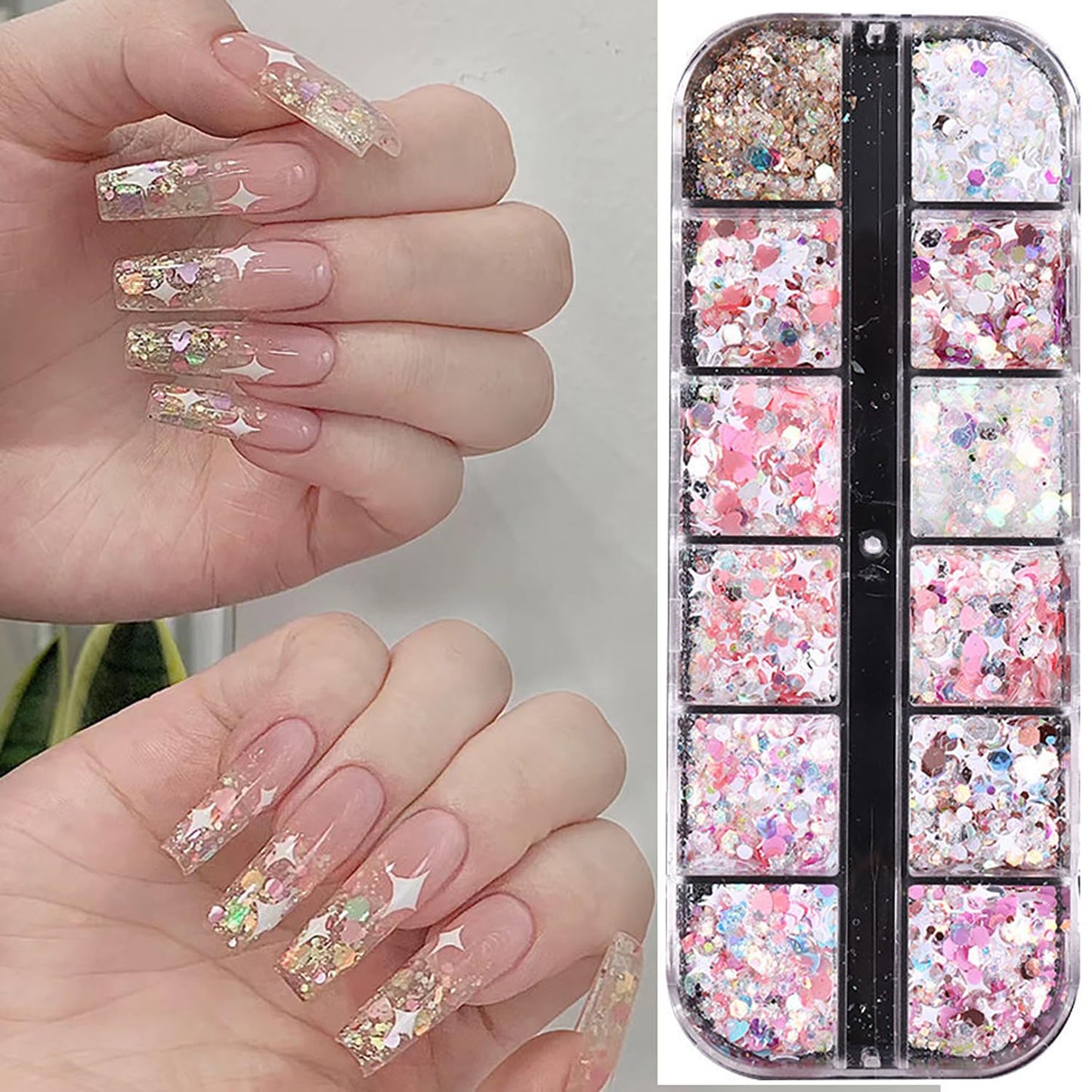 Nail Art Glitter Flakes, Pink Irregular Glitter Nail Sequins Love Heart Star Small Discs Design Nail Supplies for Women Girls Valentine's Day Manicure Charms Decorations DIY Sparkly False Nails Crafts