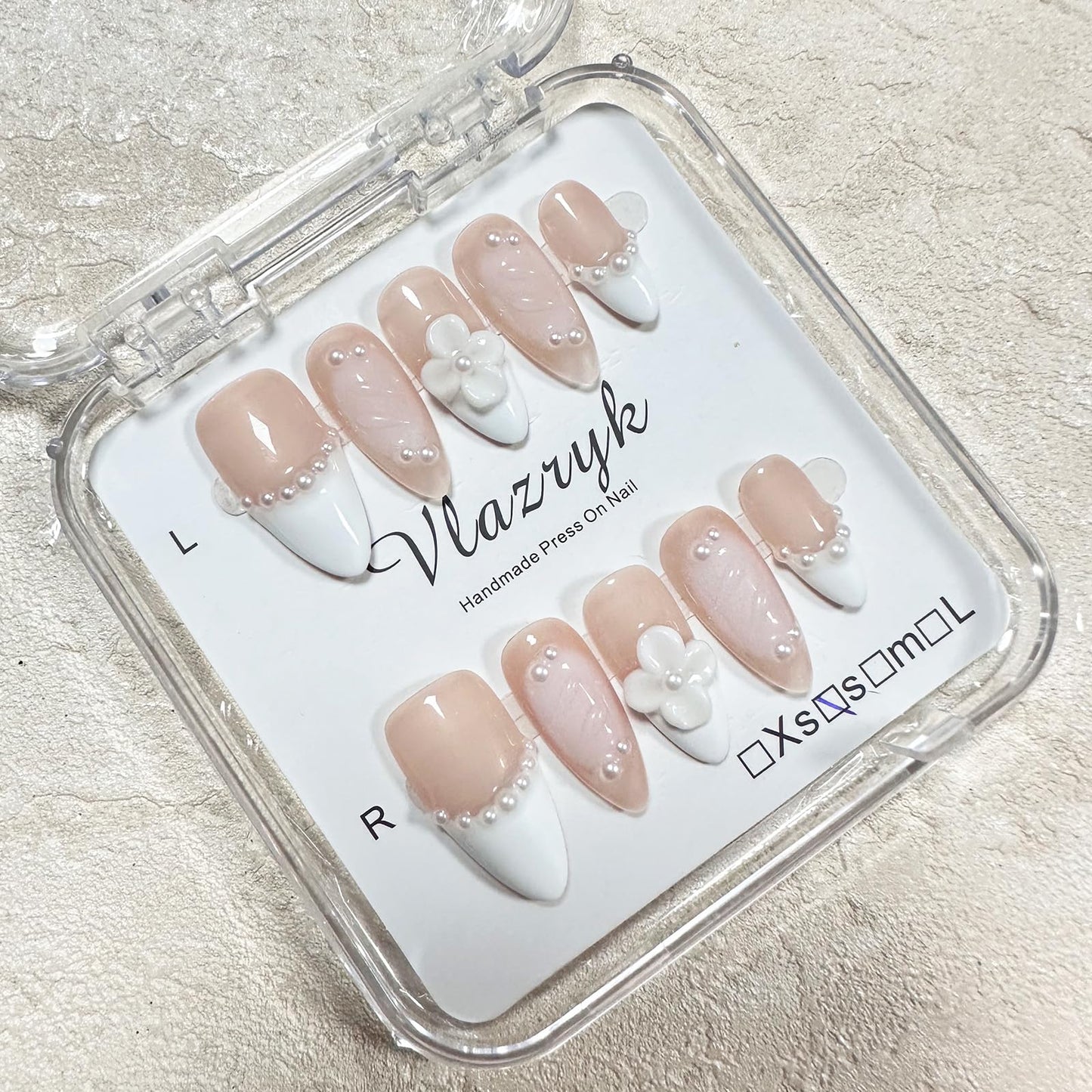 Handmade Press On Nails – Short Almond False Nails for Women, Reusable Acrylic White French Tip with Pearl & 3D Flowers Design – Salon Quality Fake Nails (10PCS Size S)