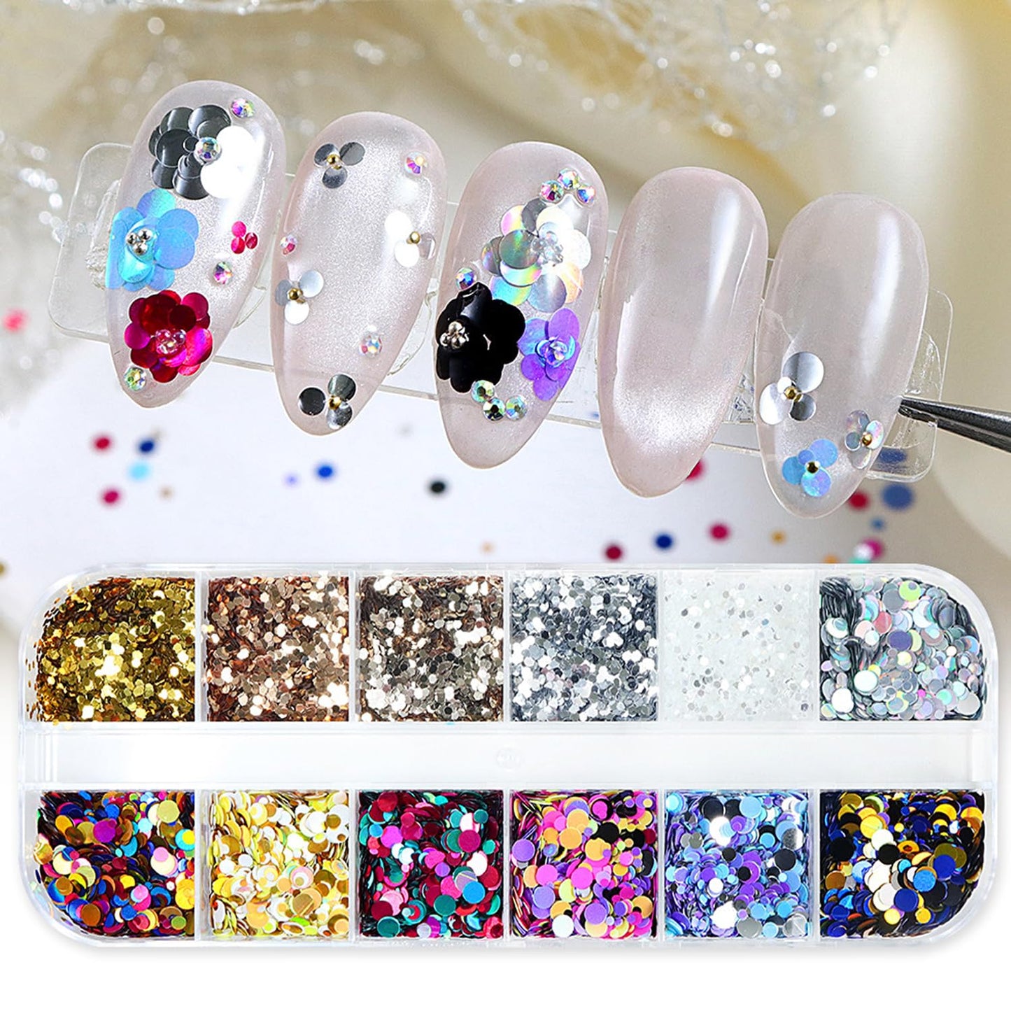 12 Grids Polka Dot Round Sequins Mixed with Colorful Nail Art Glitter Kit - Colorful Round Nail Art Flake Nail Paillette Mixed Rounds Thin Dot Y2K Shiny 3D Nail Stickers for Women DIY Manicure