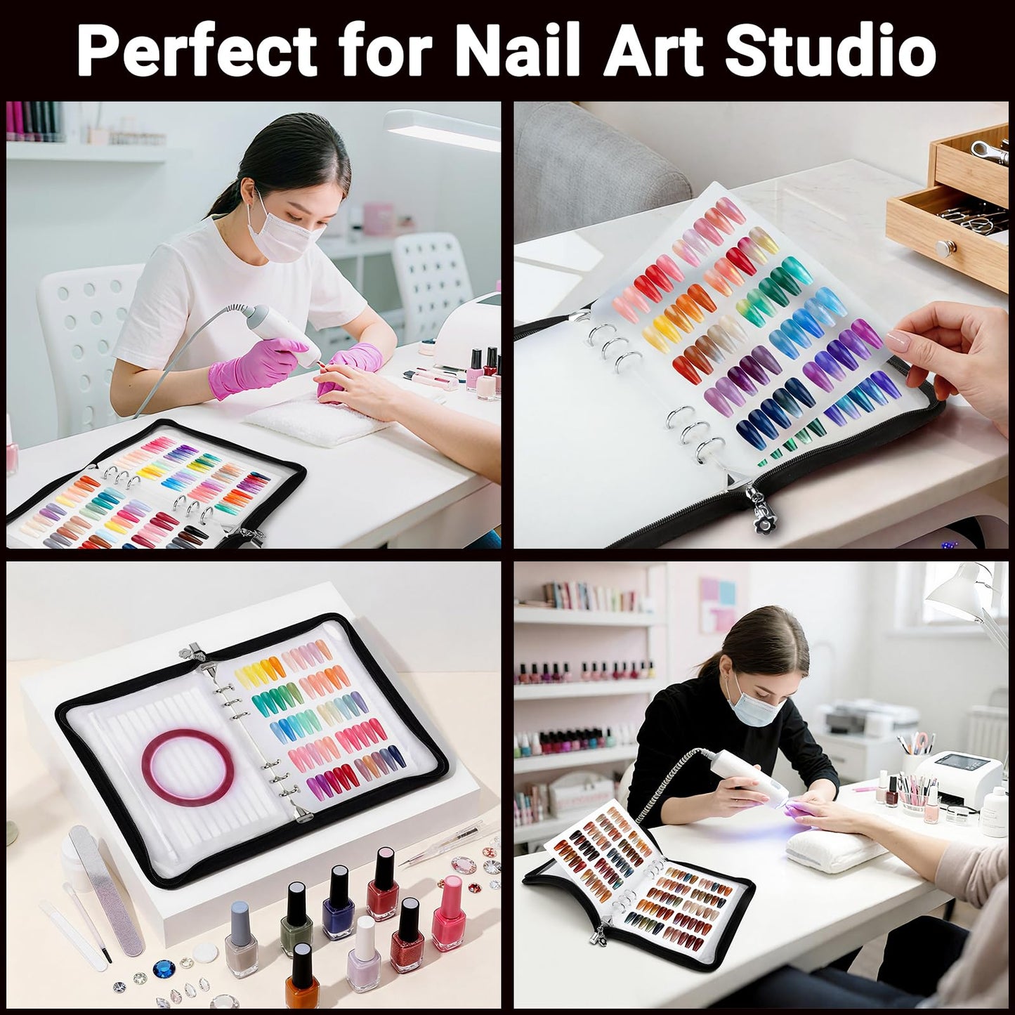 Segbeauty Nail Polish Color Swatches with Zipper, Nail Display Book A5 Binder, Press On Nails Stand with 240 Fake Nails, Polish Swatches Color Display Book Organizer Art Salon Supplies Storage Black