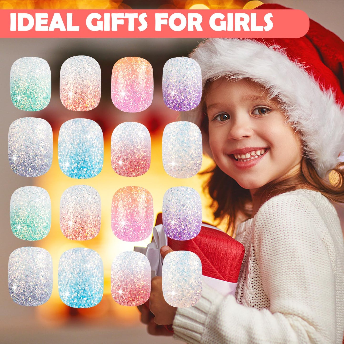 240 Pieces Fake Nails for Kids Girls Artificial Kids Press on Nails Full Cover Short Acrylic Stick On Nails False Nail Tips Kit for Children Little Girls Nail Art Decoration (Sparkle)
