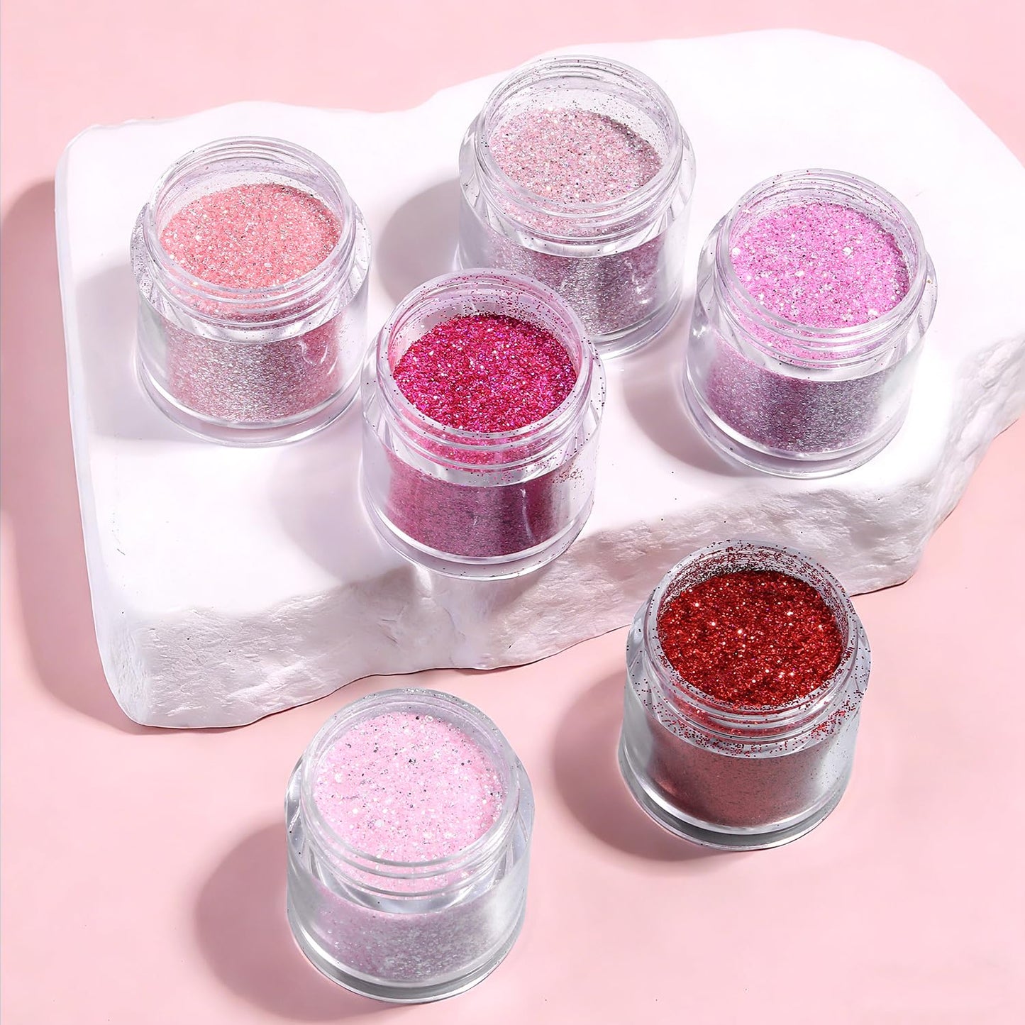 Furtherpretty Pink Glitter for Nails Set, 6 Colors Rose Red Pink Sugar Nail Powders, Holographic Fine Glitter Dust for Valentine’s Day Nail Art Design, DIY Manicure Salon Supplies with Brush(#1 Sugar)