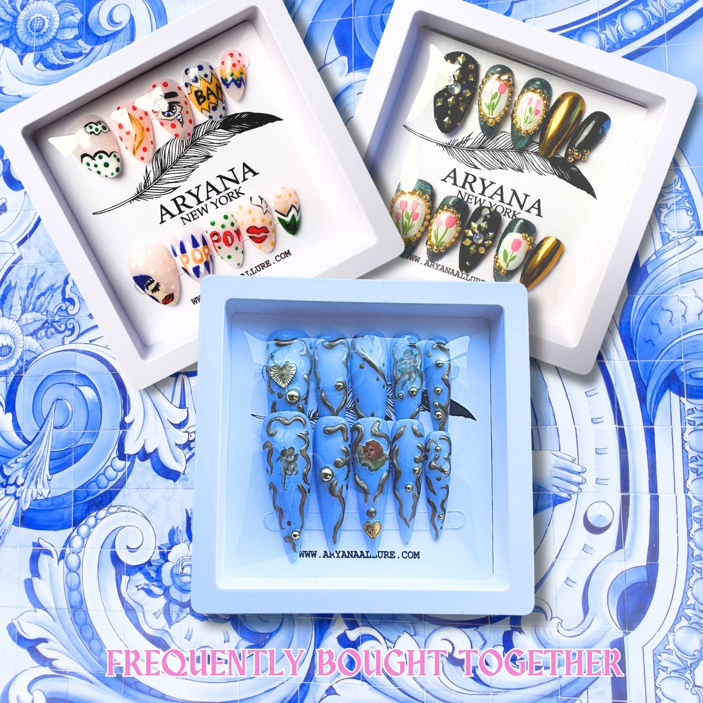 ARYANA NEW YORK 3D Press on Fake Nails Blue Angels Long Stiletto Press on Luxury Design for Women 10 PCS Acrylic Handmade, Blue Angels Collection- (Small)