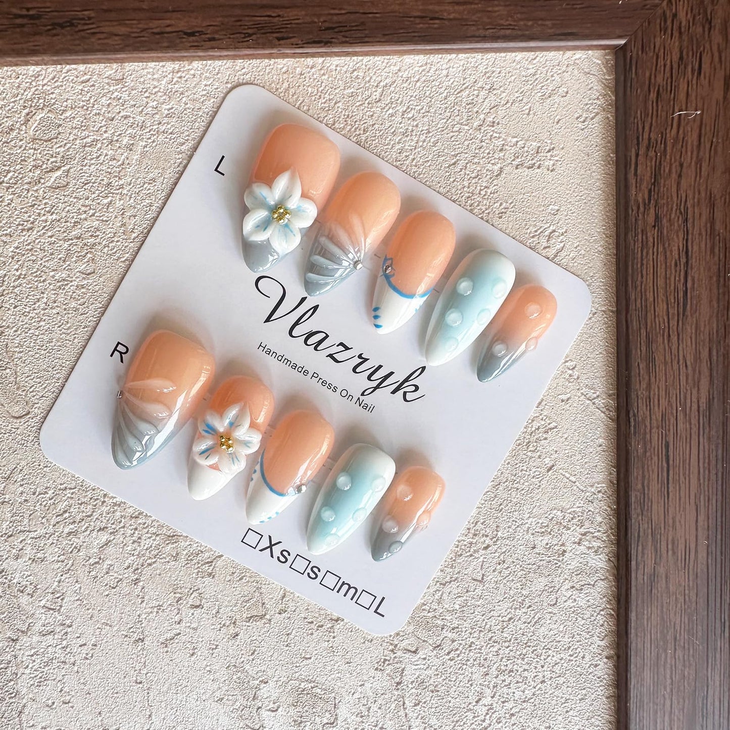 Handmade Press-On Nails for Women - Medium Almond Fake Nails | Luxury Gradient Blue 3D Floral Design | Reusable Salon-Quality Glossy Acrylic False Nails.(S Size)