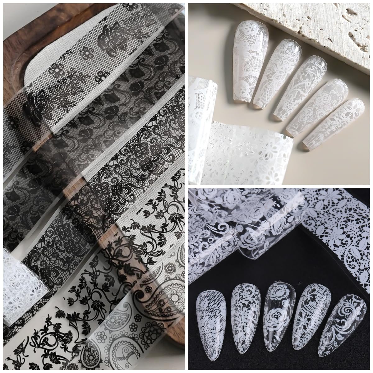 60 Pieces Nail Art Transfer Foils,Mixed Designs - White Black Lace, Flowers, Leopard Print, Marble, Snake Print Patterns, 1 Pcs Nail Art Engraving Pen Silicone Pen, 4 * 20cm