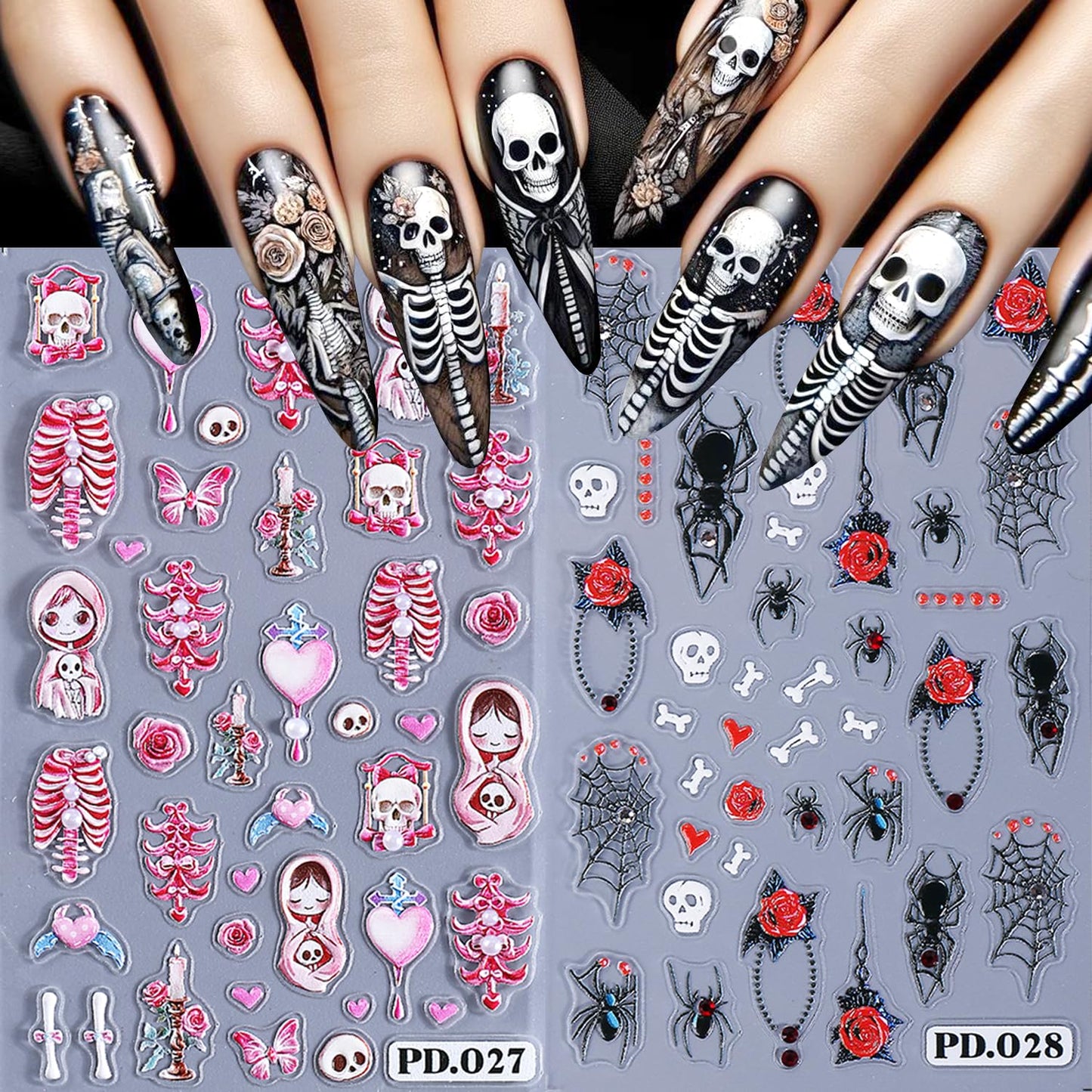 2Sheets Halloween Nail Art Stickers 5D Embossed Pink Skeleton Heart Nail Decals Self-Adhesive Spider Web Spider Stickers with Rhinestone Charms Design Nail Decal Rose Skull Nail Sticker for Women