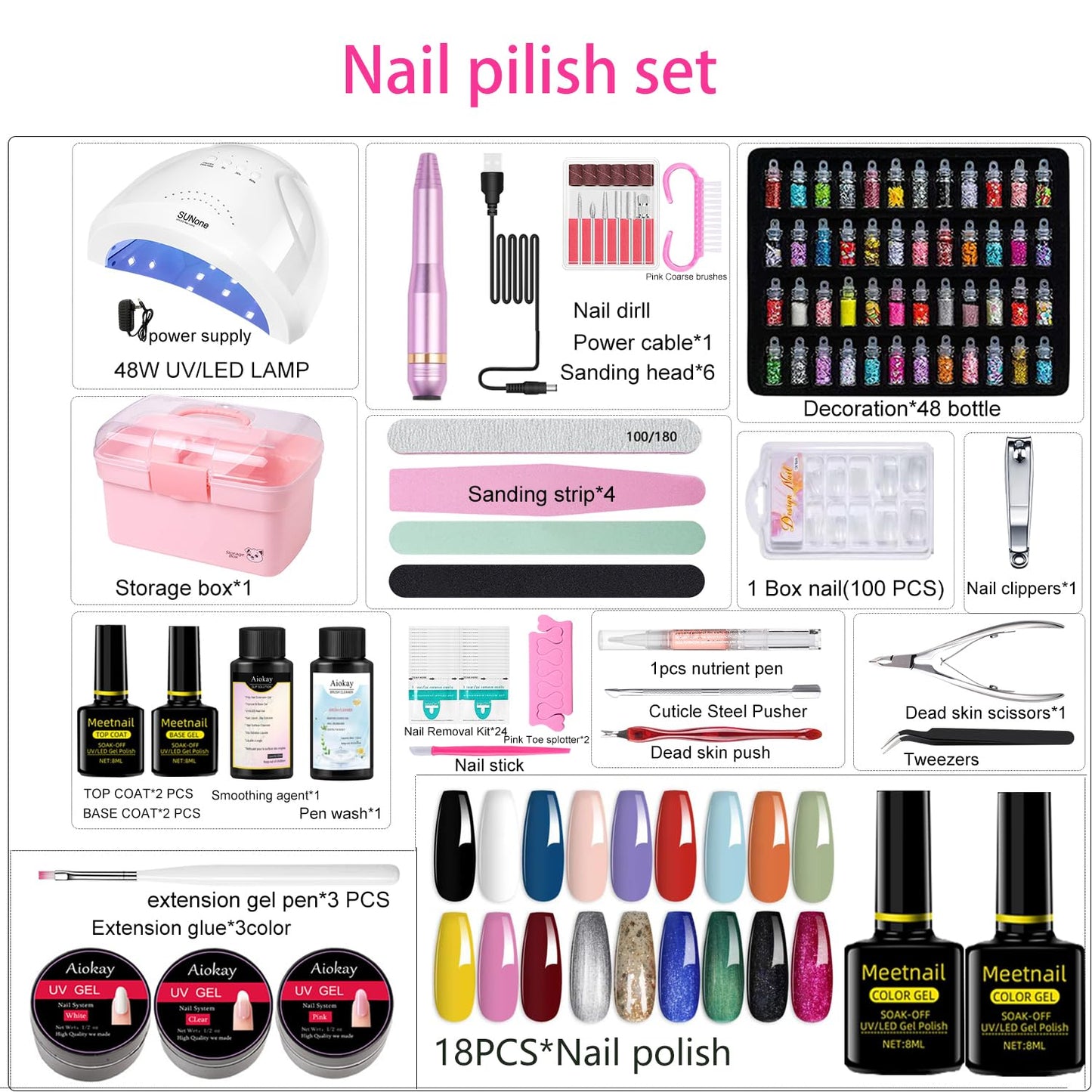 Complete Nail Studio Set with 48W UV LED Lamp, 22pcs nail polish with Base Coat and Top coat, 3 Colors Extension Poly Nail Gel set,Nail Drill & More,Professional Manicure Tool for Home DIY Salon