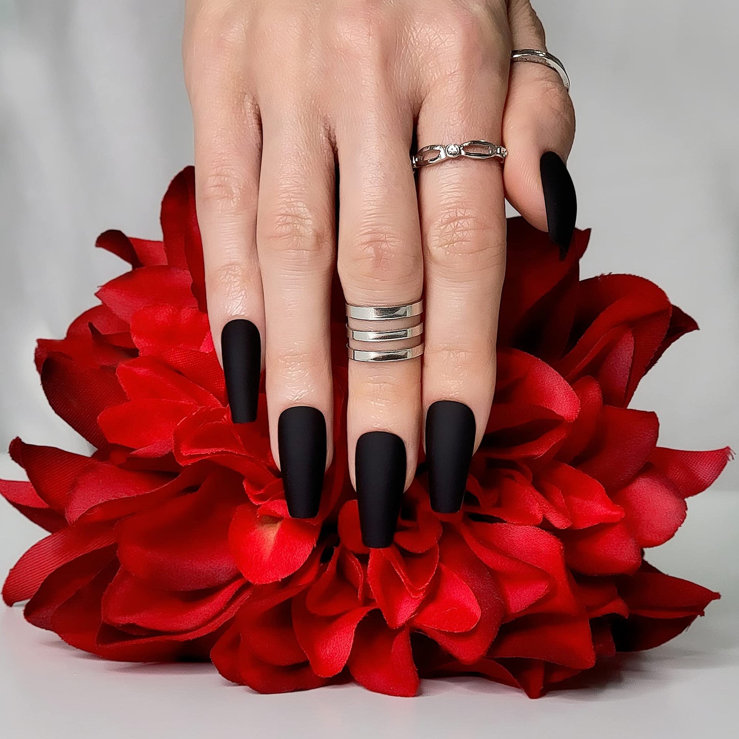 Hypnaughty Press On Nails - Caviar Black Almond & Noir Matte Black Coffin, Trendy & Salon Quality Reusable Nails With Kit