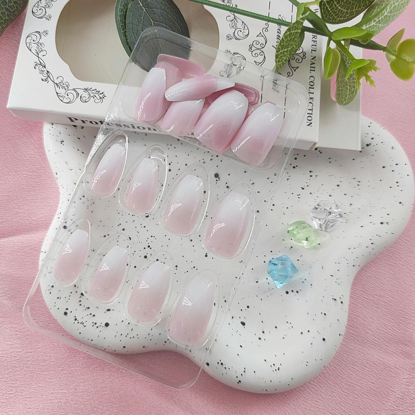 Short Press on Nails Coffin Fake Nails White and Pink Glue on Nails Glossy Nails Press ons Cute Acrylic Nails Spring False Nails with Glitter Designs Daily Wear Simple Stick on Nails for Women 24Pcs