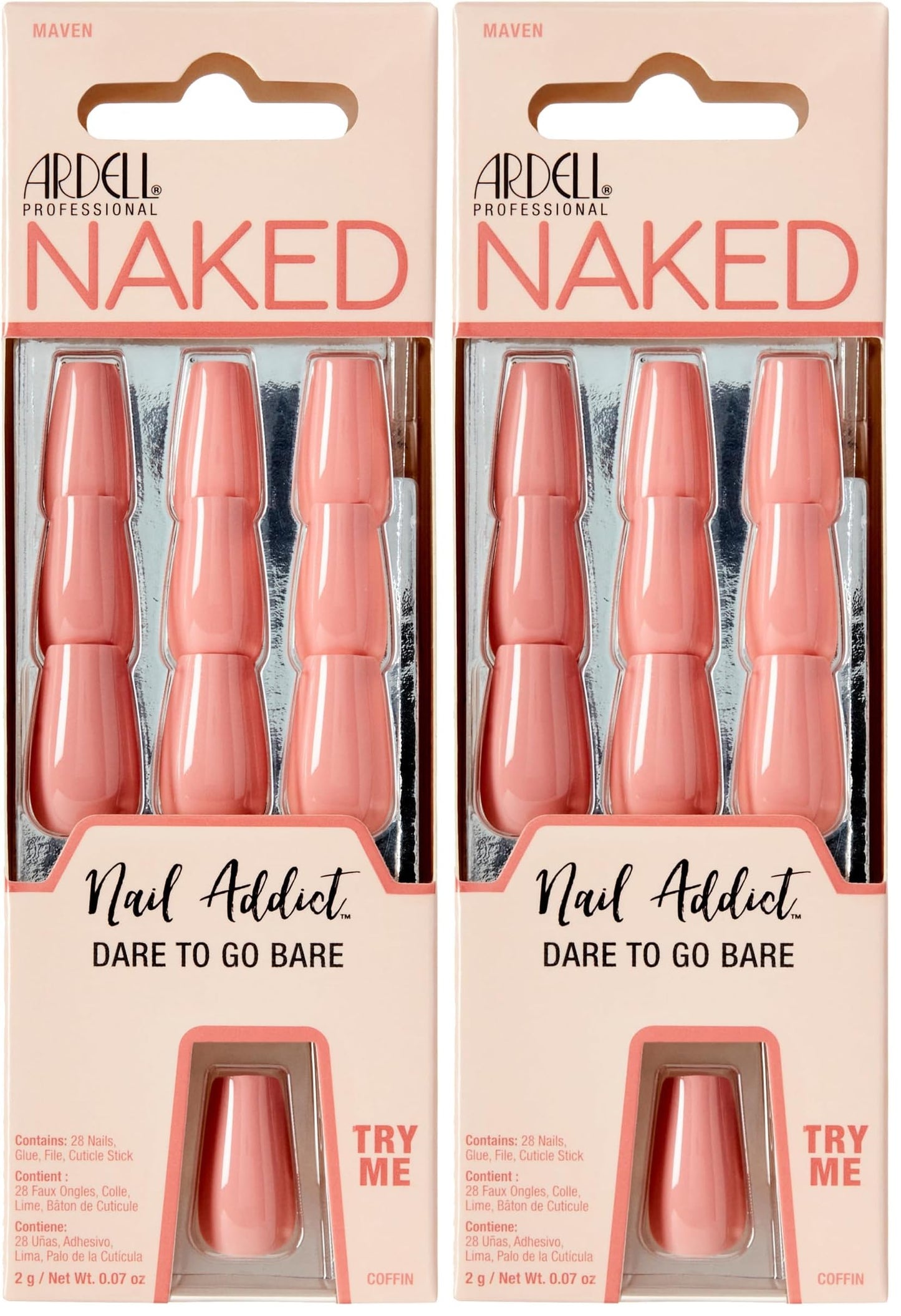 Ardell Nail Addict Naked Maven, Press On Nails, Medium Coffin Shape, Nail Kit, 2-Pack