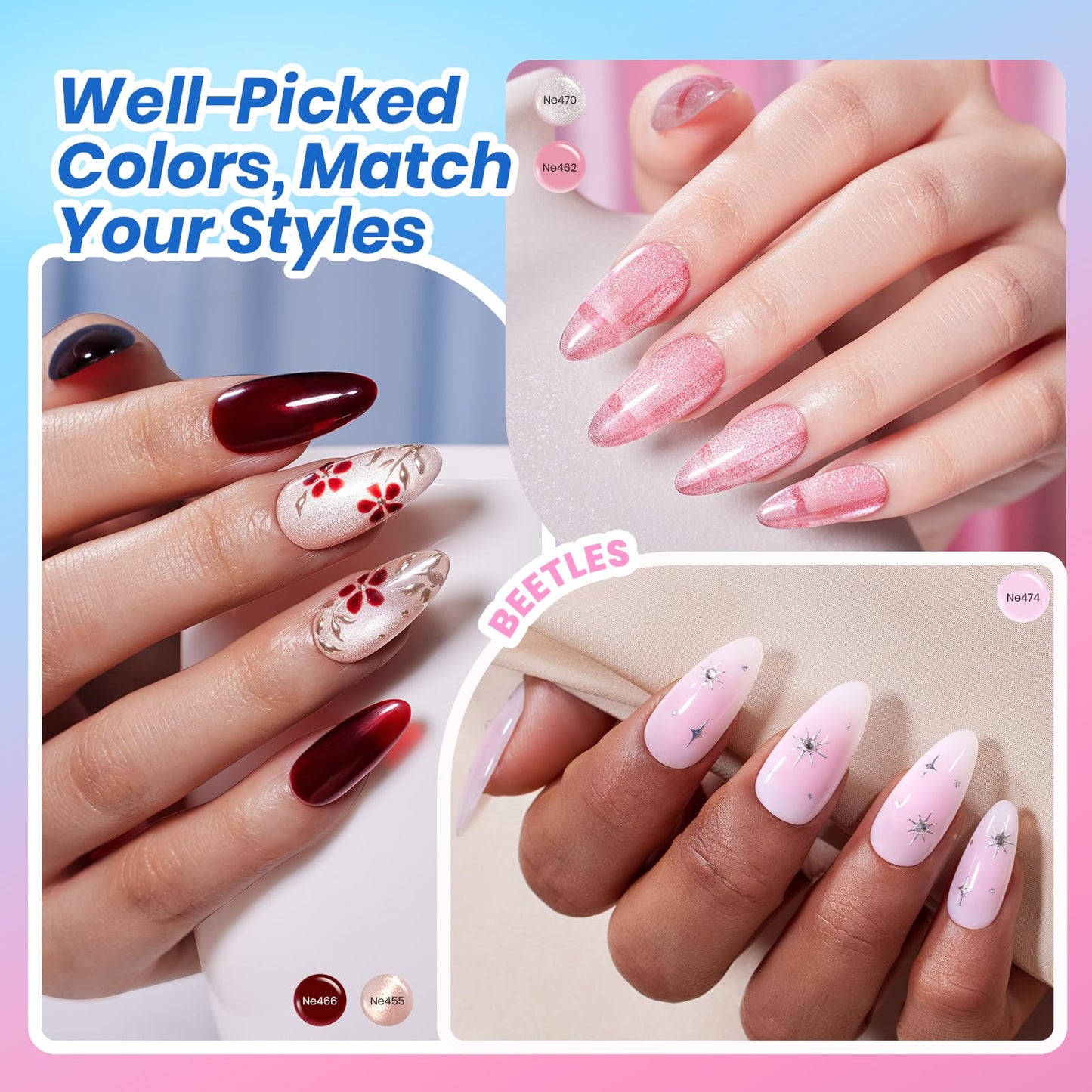 Beetles Milky White Press On Nails Short Squoval, 32pcs 16 Sizes, Soft Gel, Glue and Tabs, HEMA and TPO Free & Jelly Gel Nail Polish Set 25 Colors, 36PCS Kit, TPO HEMA Free Base and Top Coat