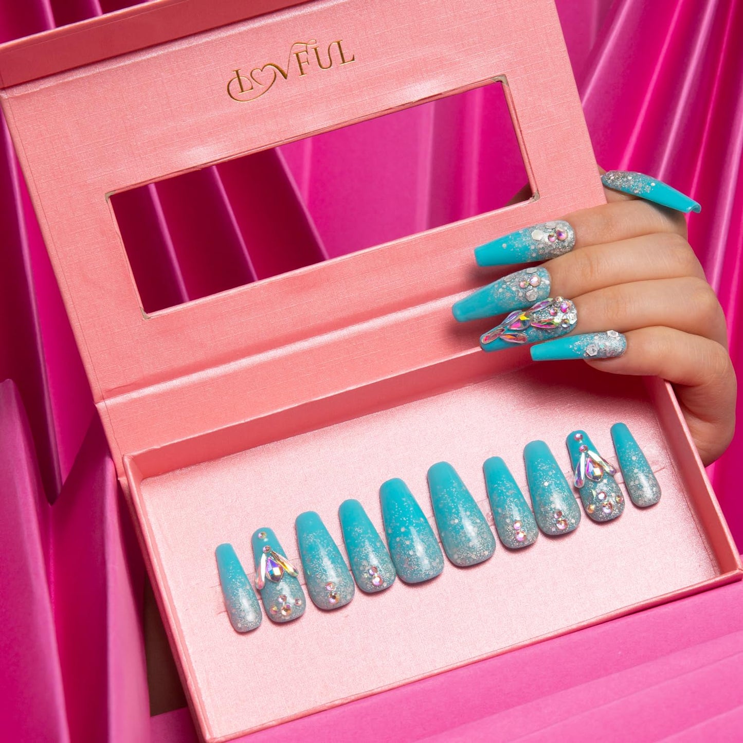 LOVFUL Press on Nails Clubbing Cinderella | Handmade with Full Covered Crystals | Reusable Fake Nails | Coffin Classic Regular 1.3 in | H25-M