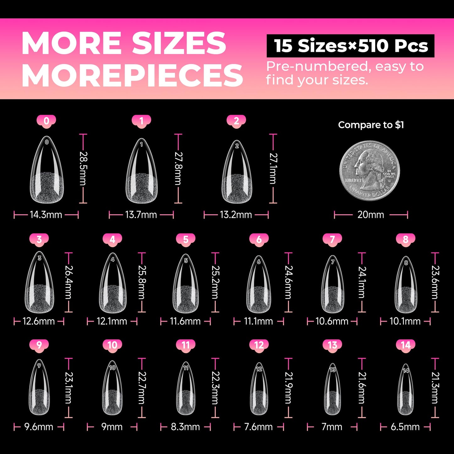 UNA GELLA Stiletto Gel Nail Tips:510Pcs Full Cover Nail Tips Medium Stiletto Almond Pre-etched Fake Clear Acrylic False Nails Sturdy Stiletto Press on Nails for Nail Extensions Home DIY Salon 15 Sizes