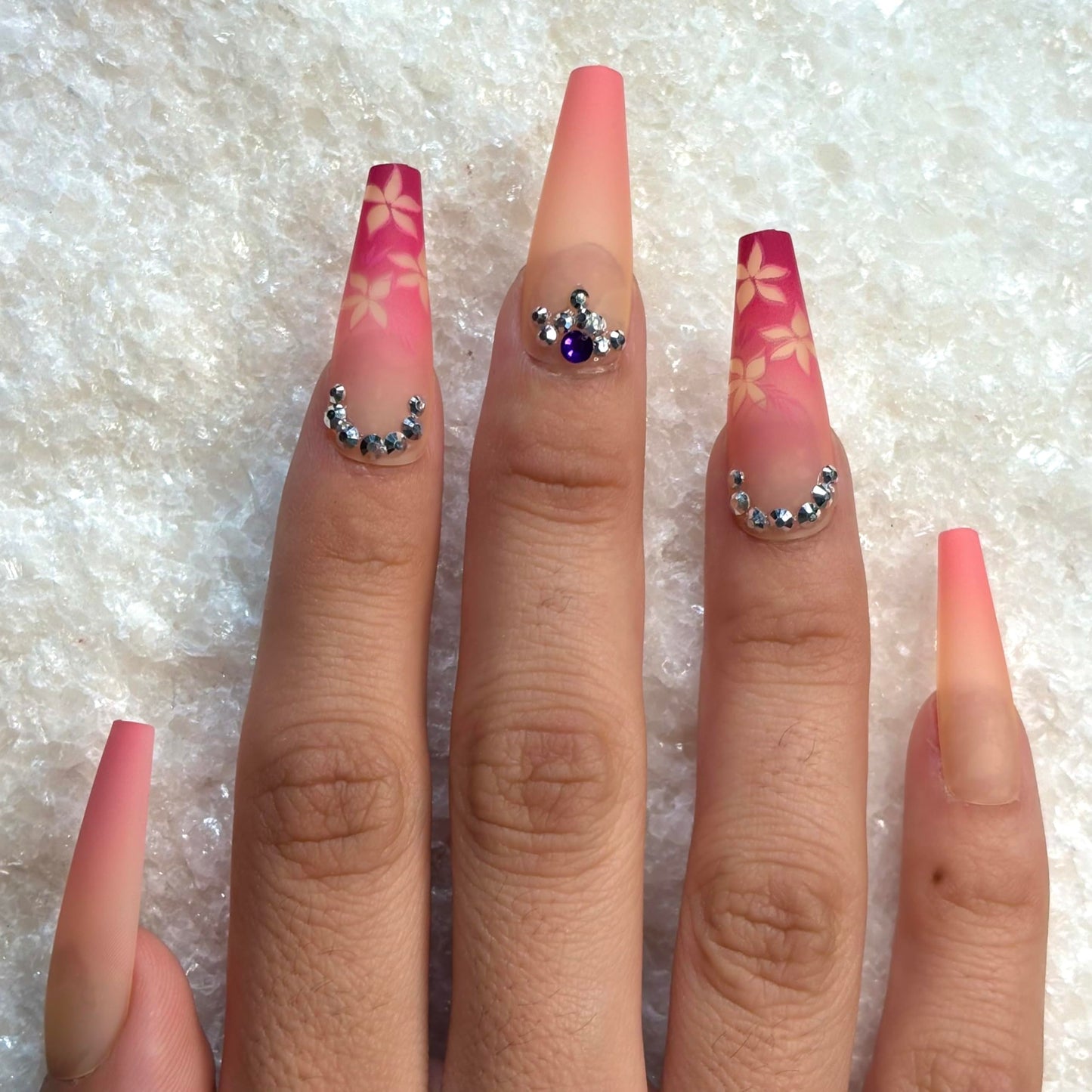 FLOWER BOMB Press-On Nails by Lavaa Beauty | Extra-Long | Purple/Violet/Pink Exotic Flower Nail Design with Gems