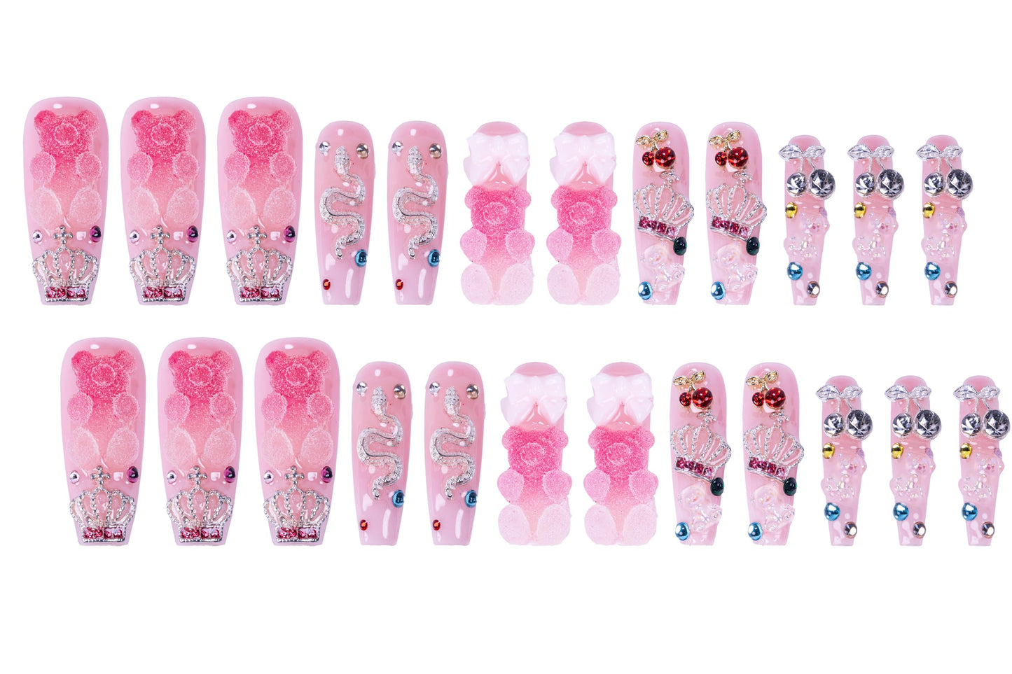 24Pcs Handmade Press on Nails, 3D Pink Long Length Square Fake Nails, Cute Manicure Kit with Full Covered Crystals for Women and Girls to Wear Daily