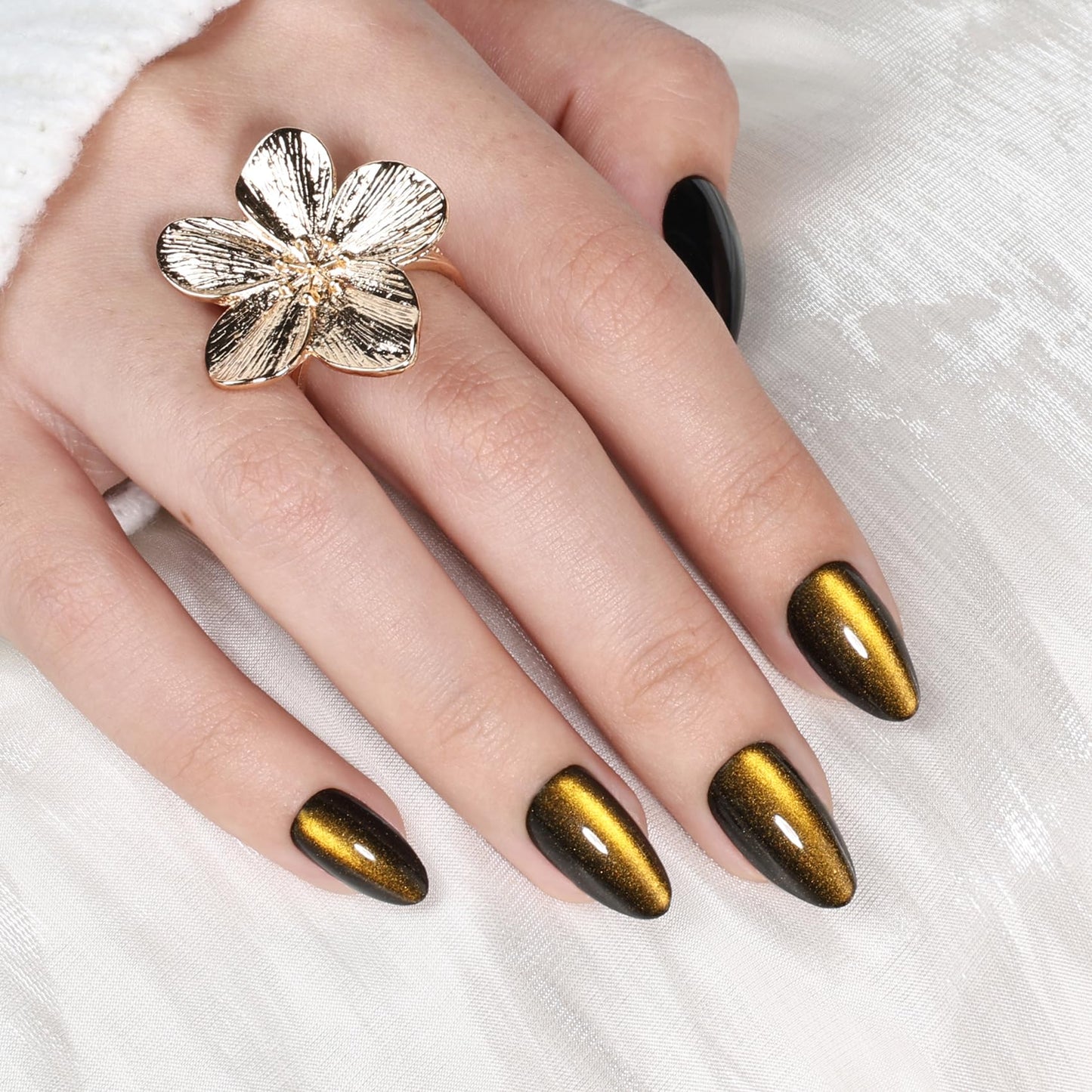 Gold Cat Eye Press On Nails Almond - Short Almond Fake Nails with Nail Glue, Gold Cateye Press On Nails Reusable Stick On Nails in 16 Sizes 32 Nail Kit for Women & Girls | Salon Quality