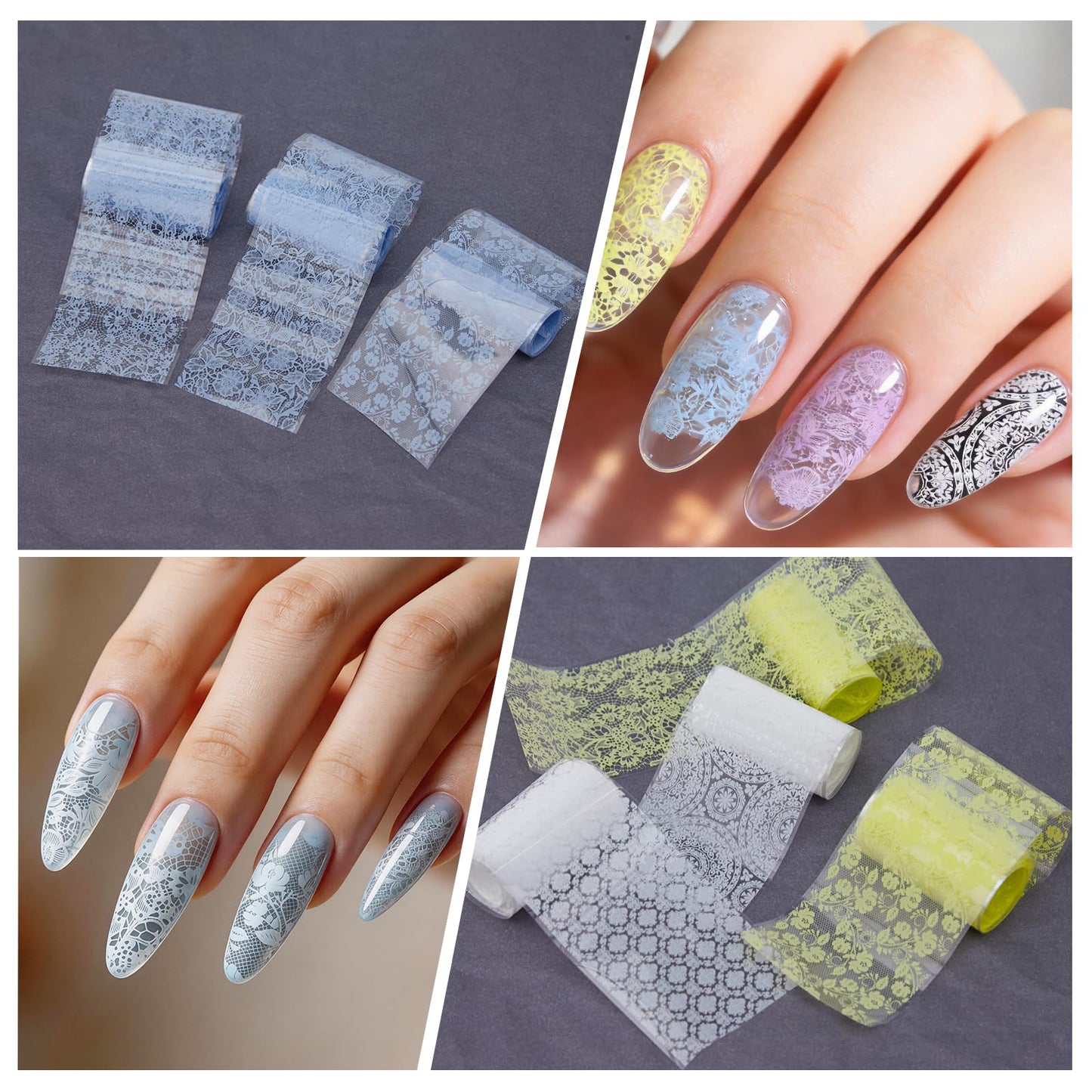 JERCLITY 10 Rolls Purple Blue Yellow White Lace Flower Nail Foil Transfer Stickers Nail Art Wraps