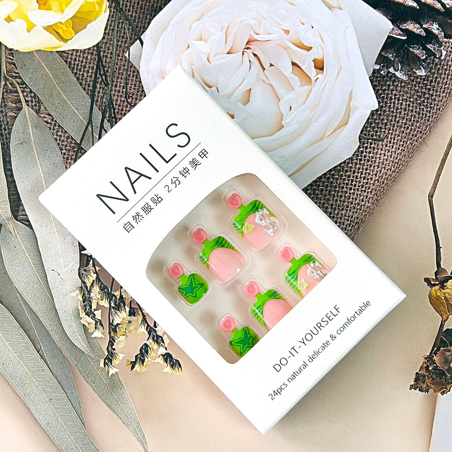 FIEONCIY Press on Toenails with Designs Acrylic Fake Nails for Toe Artificial False Nails with Charms Press on Toe Nails for Spring Summer Stick on Toenails for Women Girls(WSJ2502)