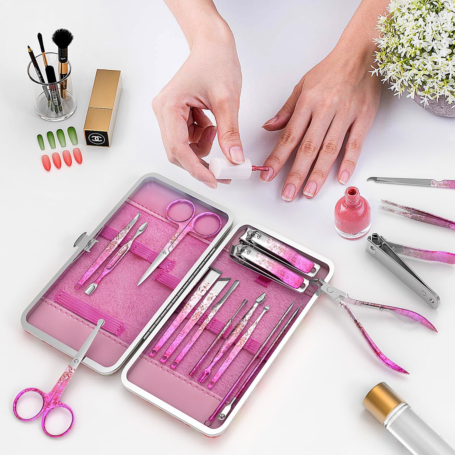 OFIDUS Nail Clippers Set Fingernail and Toenail Clipper Cutters, Professional Manicure Pedicure Kit 18Pcs, Nail Care Grooming Tools with Luxurious Travel Case (Diamond Rose)