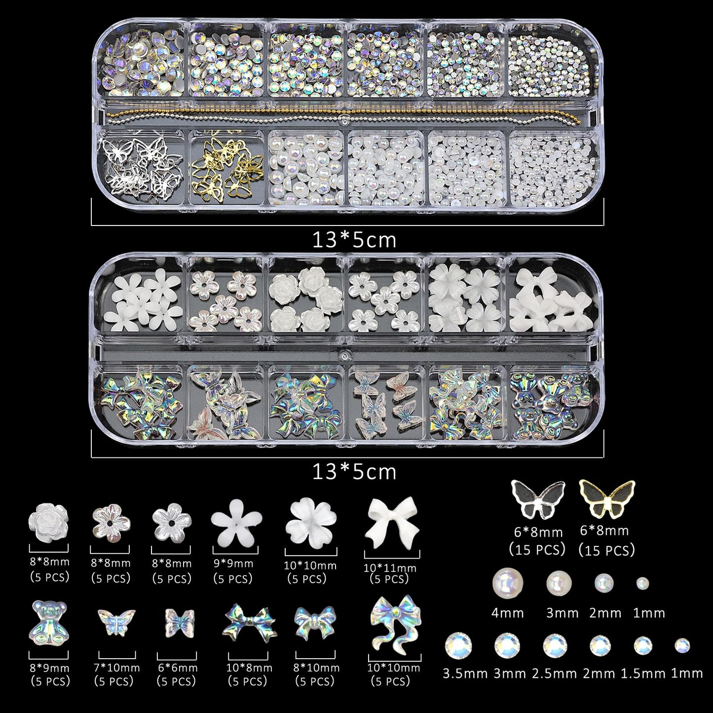 SEMATA White Flower Nail Art Charms 3D Flower Bow Nail Gems Mixed Size Flatback Nails Pearls Rhinestones Gold Silver Butterfly Nails Art Accessories Decoration Design for Women