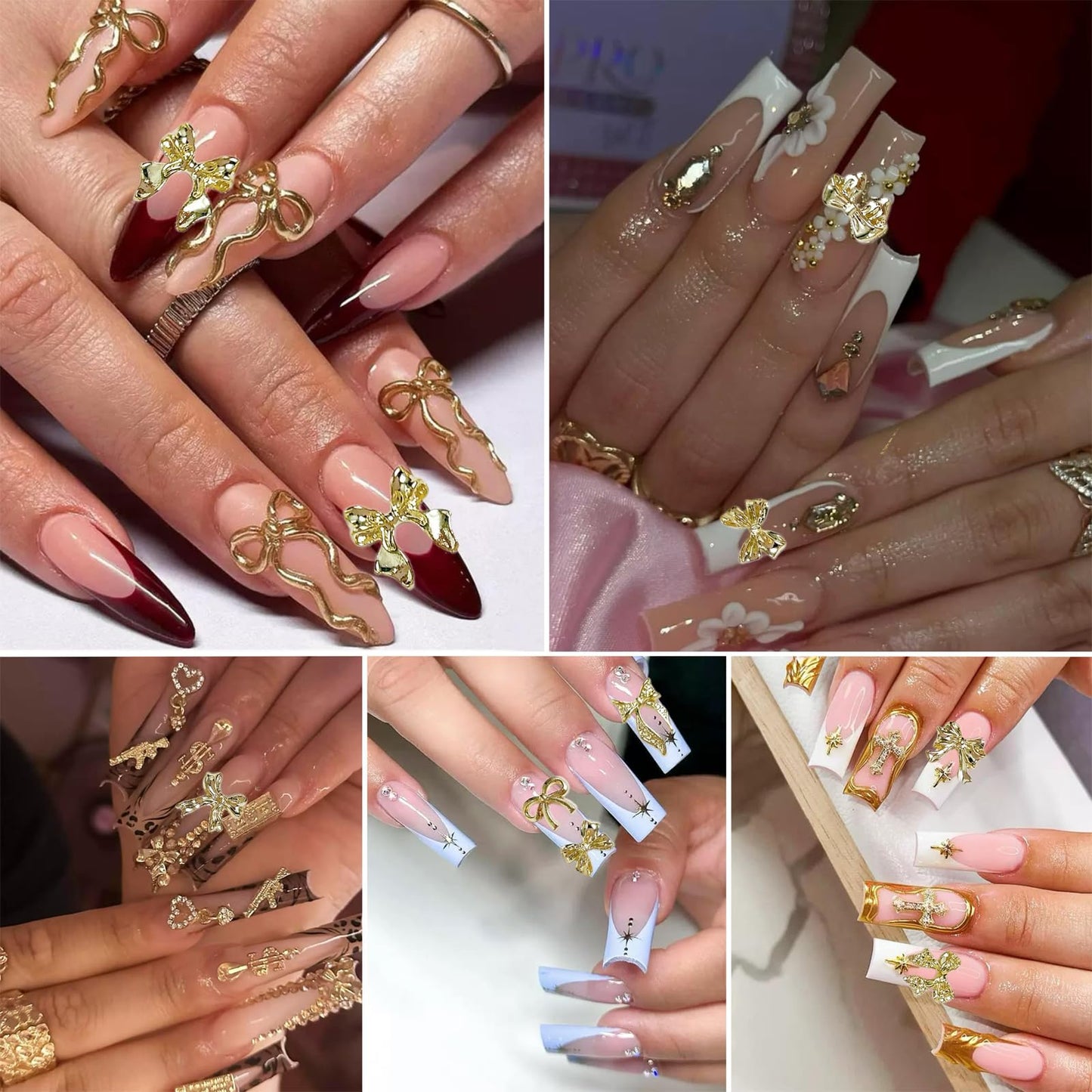 LERBOU Gold Nail Charms and Gems Set, 4 Boxes DIY Nail Decorations Kit, Gold 3D Cross Flowers Nail Art Charms, Champagne Rhinestones Gems Charms Y2K for Nails, Cool Punk Style Nail Charms