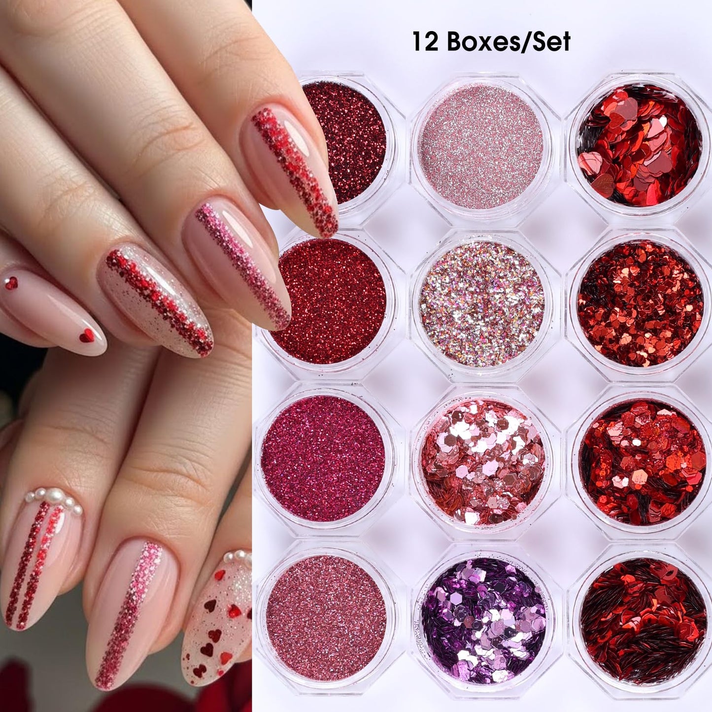 Red Pink Nail Glitter Powder 12 Boxes Cute Glitter for Nails Romantic Heart Lips Flakes for Nails Sugar Reflective Powder DIY Nail Art Decoration Wedding Valentine's Day Accessories
