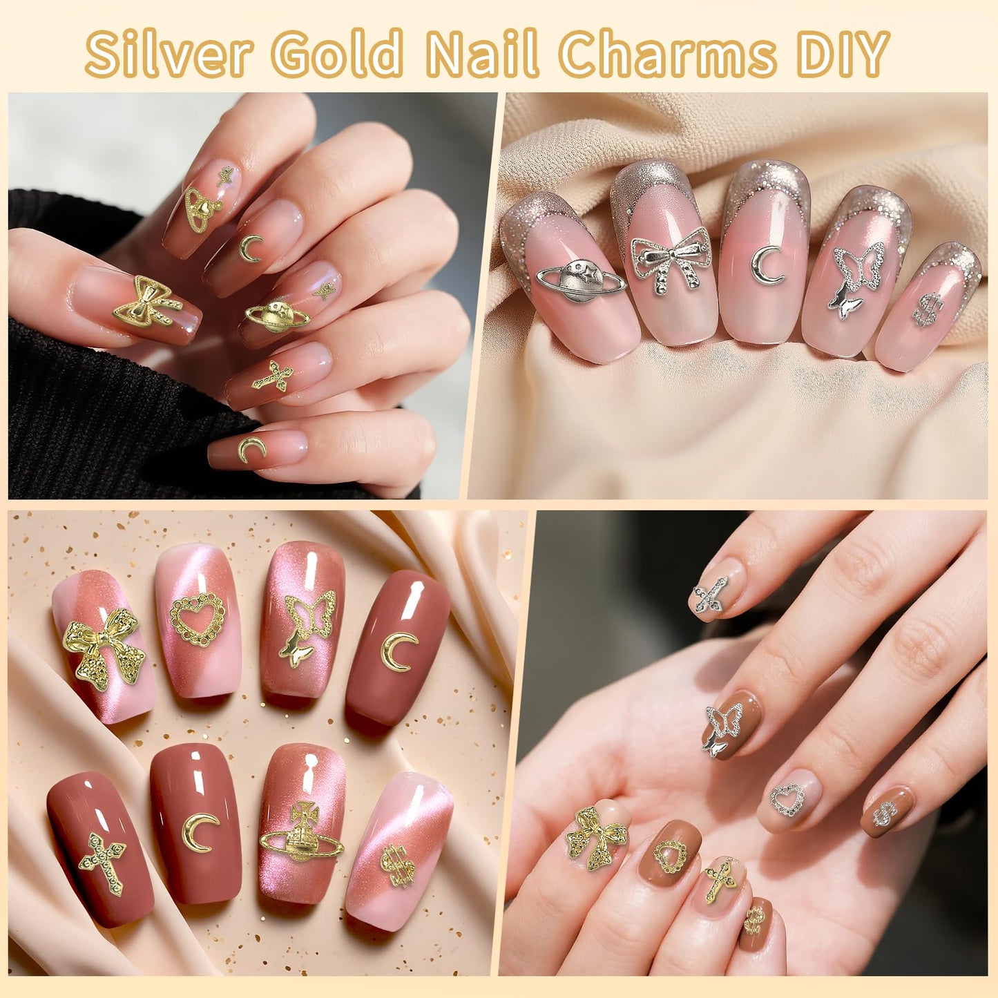 240 Pcs Alloy Gold Silver Nail Charms, Heart Star Butterfly Bow Moon Crown Cross Dollar Planet Nail Art Charms, 3D Y2K Metal Gold Silver Nails Charm and Gem for DIY Nails Design Craft