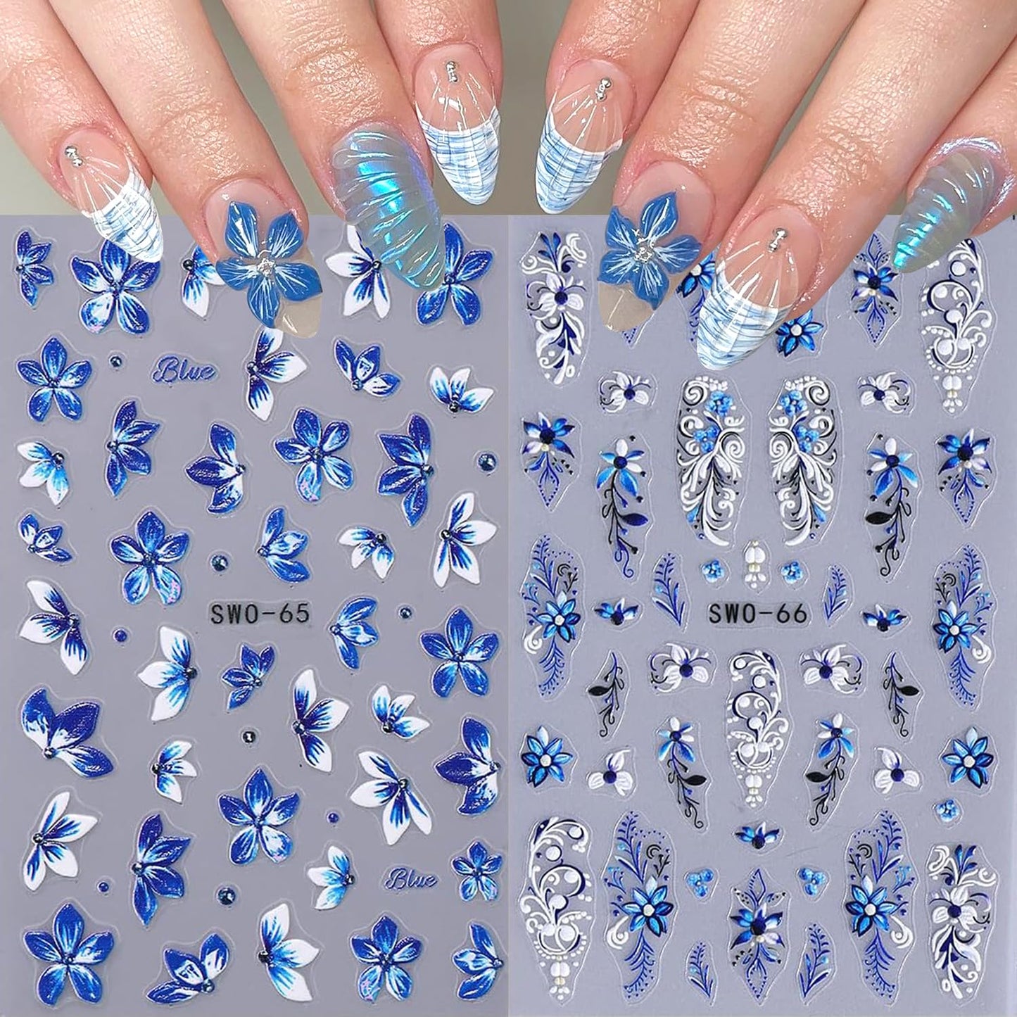 2Sheets Blue White Lily Flower Nail Art Stickers 5D Embossed Blue Flowers Vine Design Nail Decals Self-Adhesive Cute Floral Petals Nail Sticker Sliders for Women DIY Spring Summer Nails Decor Supplies