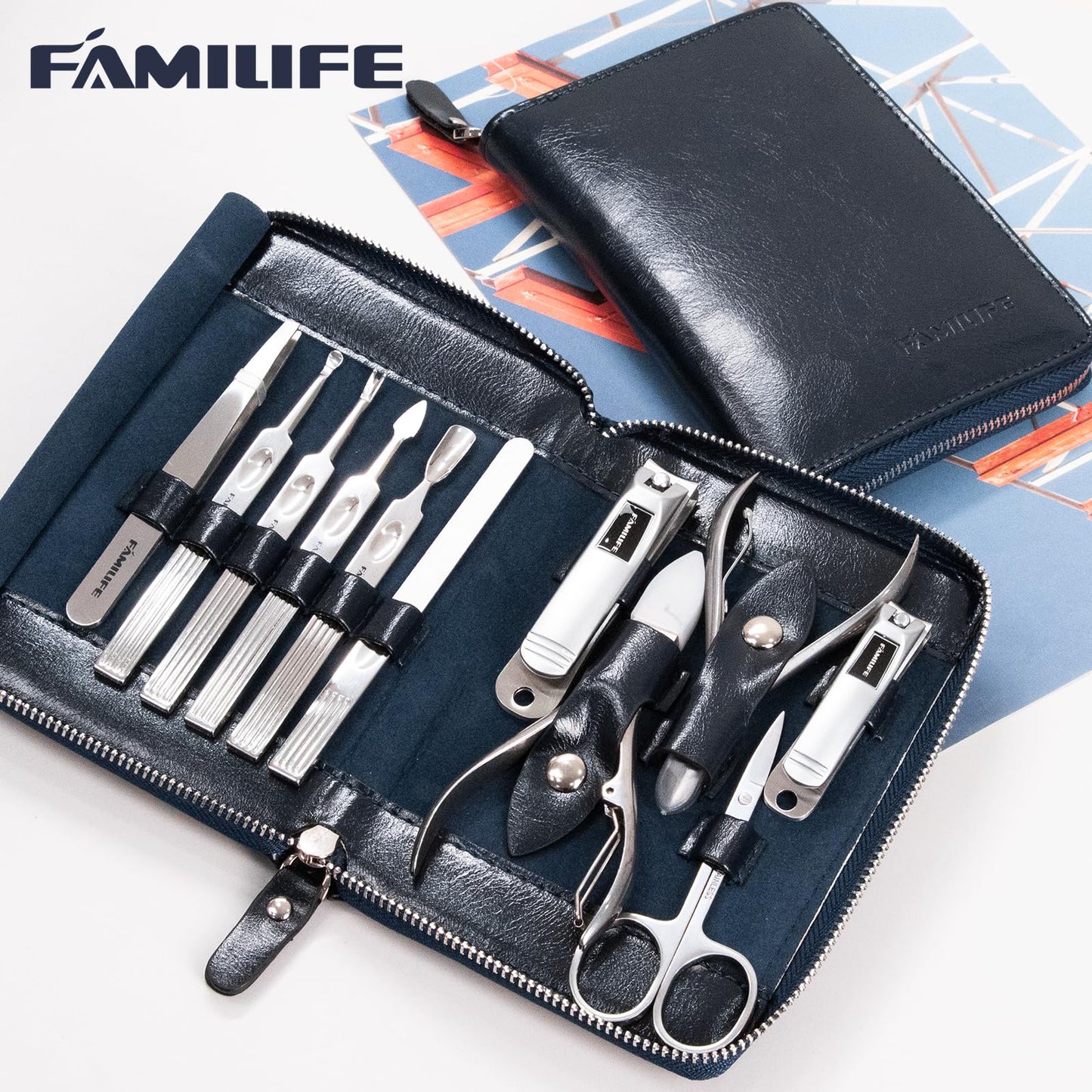 Manicure Kit, FAMILIFE Professional Manicure Set Nail Kit, 11 in 1 Stainless Steel Nail Clippers Set for Men Pedicure Tool, Men Grooming Tool with Portable Blue Leather Travel Case Luxury Gifts
