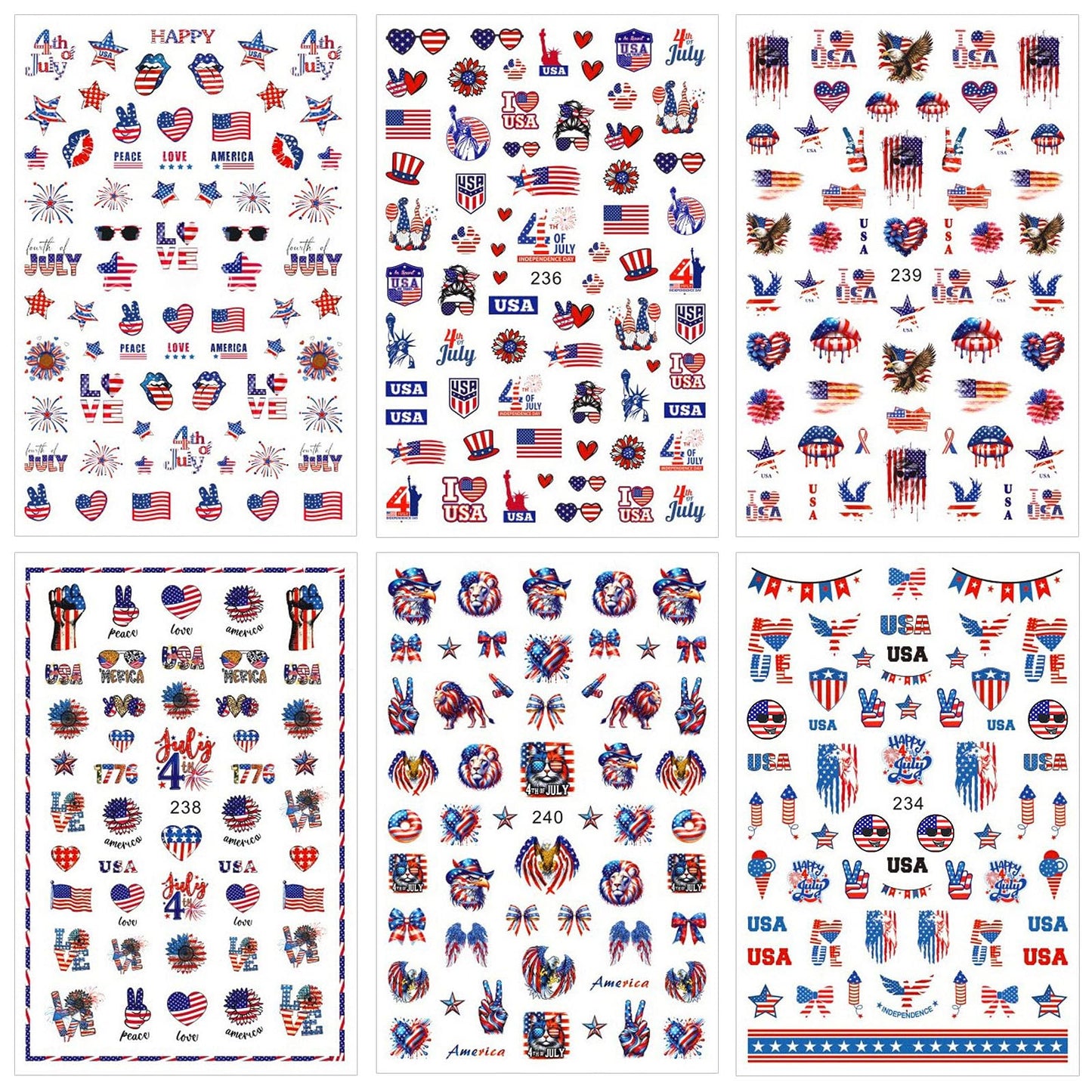 4th of July Nail Art Stickers Red Blue White American Flag Nail Stickers Fireworks Eagle Nail Decals Independence Day Patriotic Nail Art Supplies for Women DIY Manicure Nail Decoration 6Pcs