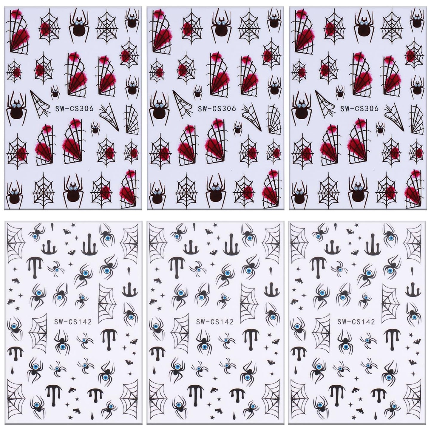 6 Sheets Halloween Nail Art Stickers 3D Self -Adhesive Blood Spider Web Nail Decals Holographic Black Blue Spider Blood Drops Nail Stickers Halloween Nail Decoration for Women Manicure Supplies