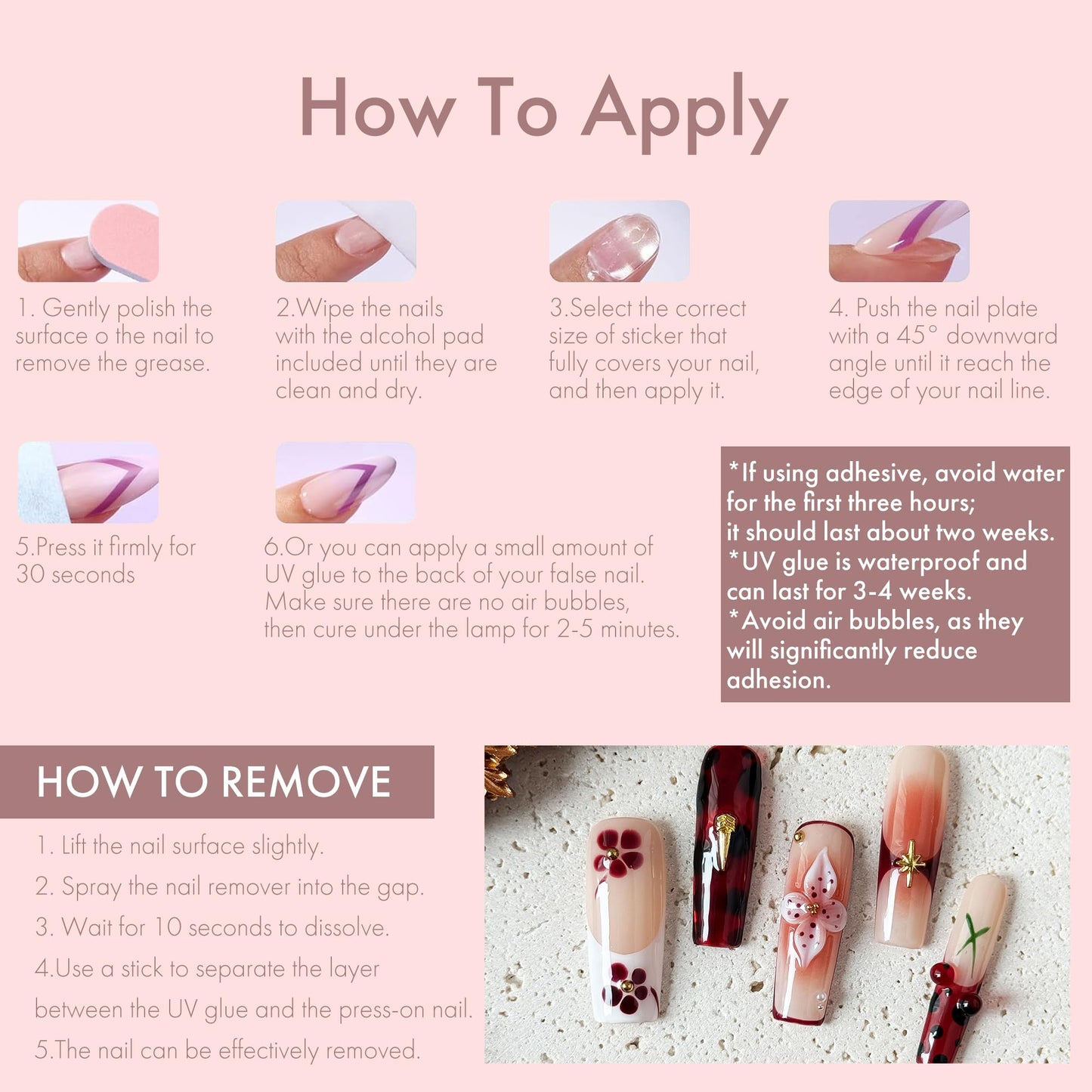 Rouge Sonata 10pcs Press On Nails for Women, Crimson Floral Golden Accent Acrylic UV Gel Wearable Nails, Korean Style Wine Red Gradient Cherry Blossom Fake Nails Set (Dark red, M)