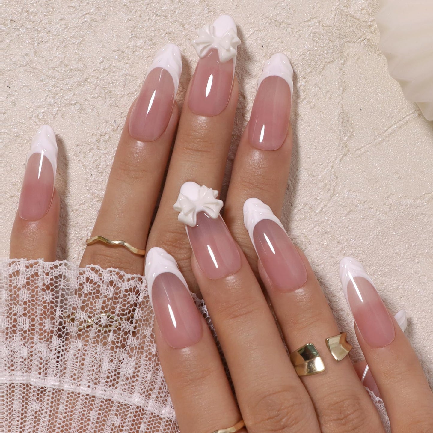 CUZIAM Press on Nails White French Tip Medium Almond Handmade, 5D Charms Cute Bow Design Glossy Nude Pink Fake Nails Stick on Nail XL, Full Cover Reusable False Acrylic Nail Manicure for Women-14pcs,L
