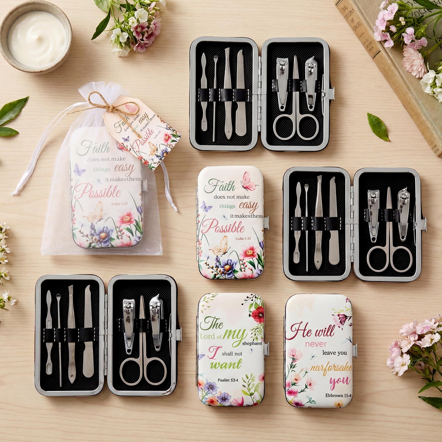 Shinymoon Manicure Sets Stainless Steel Nail Clipper Set with Card Religious Gift(36 Sets,Floral Style)