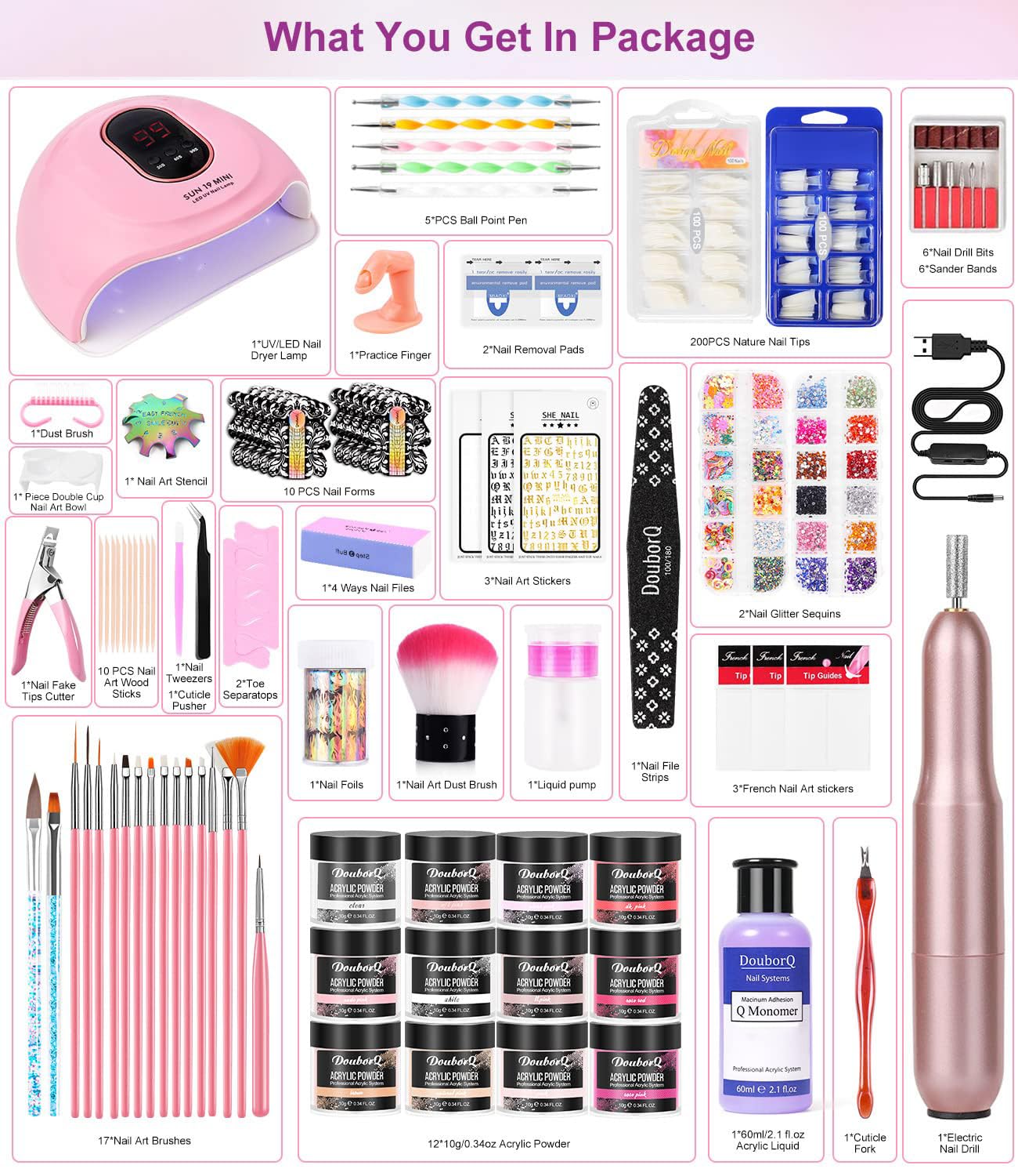 Acrylic Nail Art Kit-Nail Art Manicure Set Acrylic Powder Brush Glitter File French Tips U V Lamp Nail Art Decoration Tools Nail Drill kit for beginners with everything at home (White)