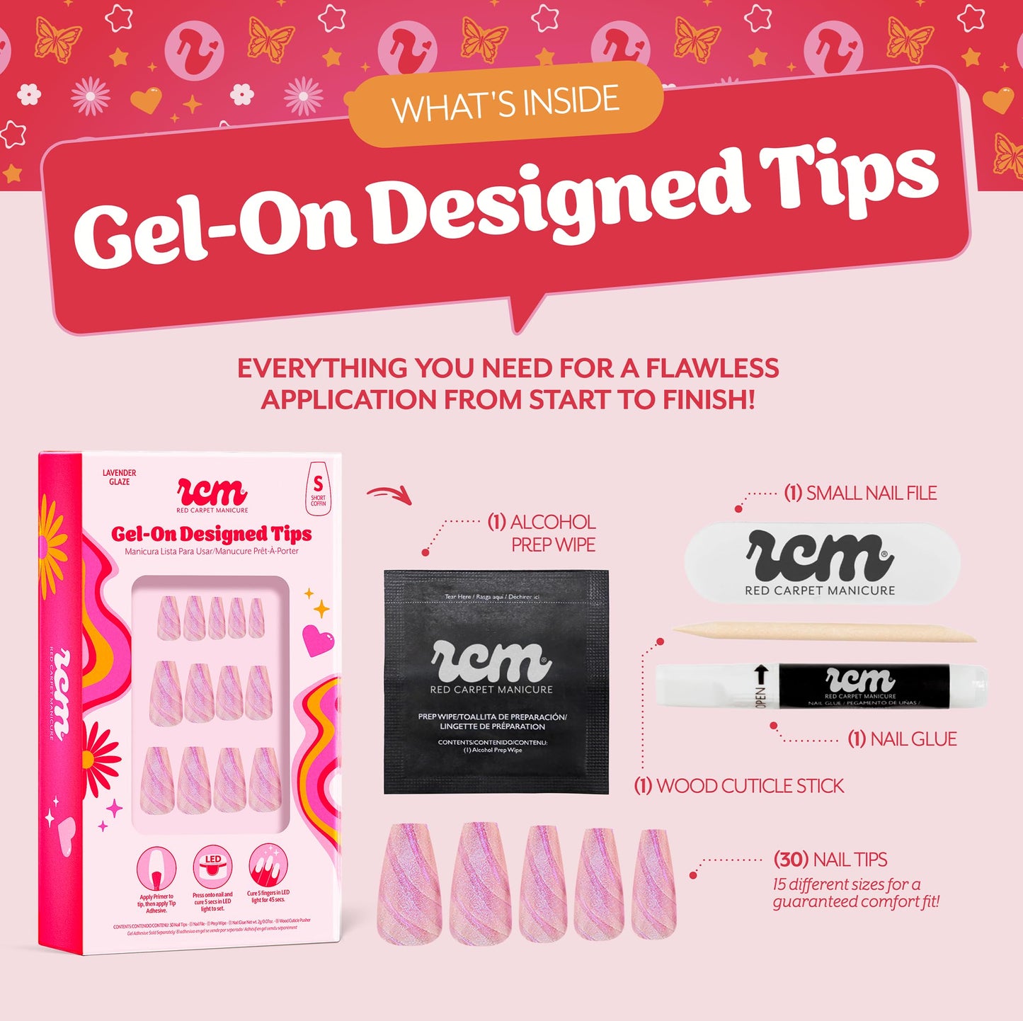 RC Red Carpet Manicure Gel-On Designed Tips - Full Coverage, Flexible, Break-Resistant, 21-Day Wear, UV/LED Cured Gel Adhesion for Natural Look (Lavender Glaze Short Coffin)
