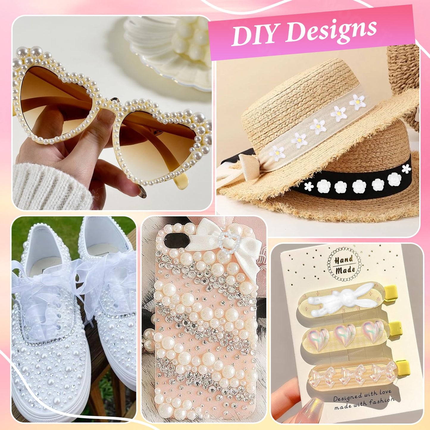 3D Nail Charms Junk Case Charms White Nail Flower Mix Style Butterfly Rose Bow Hollow Pearl Heart Nails Art Charm with Rhinestones Flatback Pearl for Acrylic Nails Art Manicure DIY