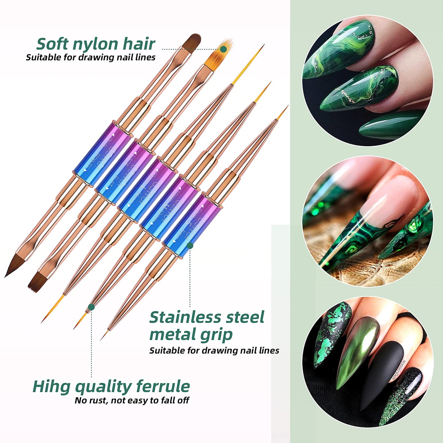 GSWOI Acrylic Nail Art Brushes Set,5PCS Nail Brushes for Nail Art Round Oval Gel Builder Brush Nail Art Tools Nail Liner Brush,Nail Design Brush for Gel Polish Painting Acrylic Nail Drawing Pens