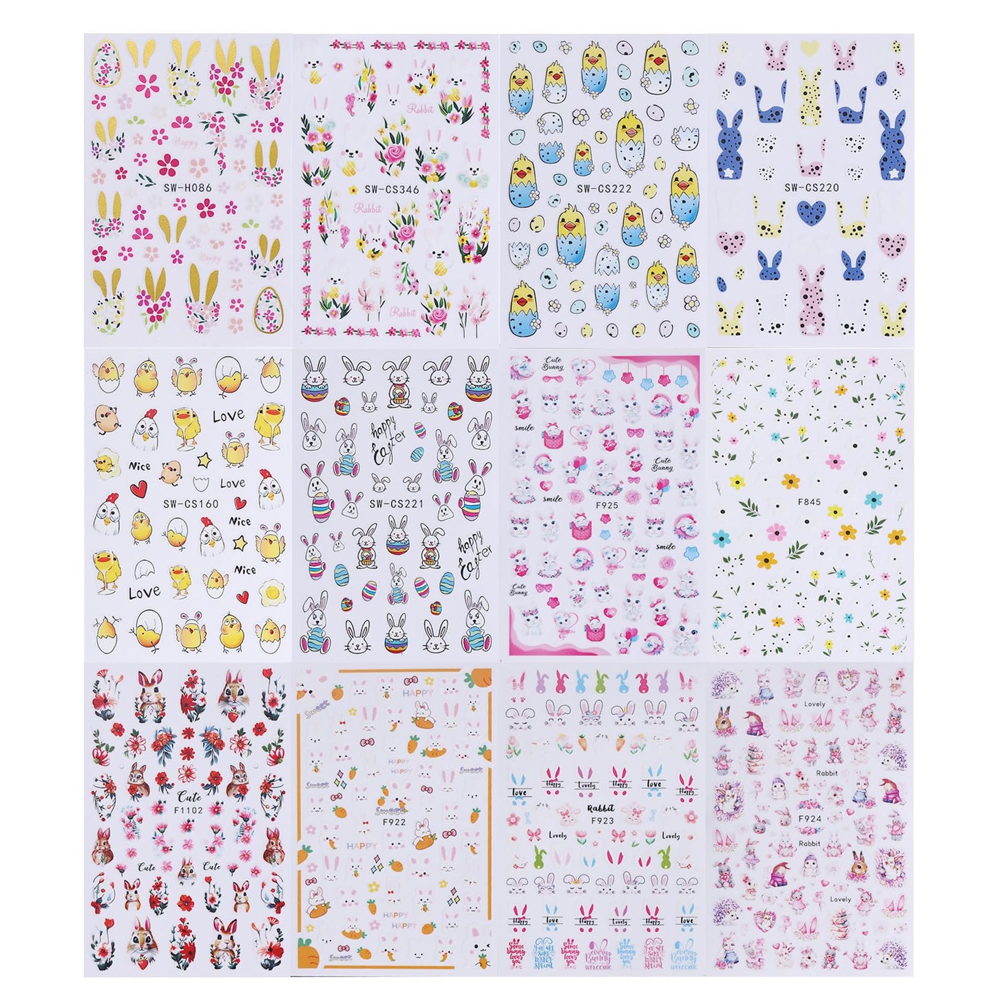 Easter Bunny Nail Art Stickers Decals 12 Sheets 3D Self-Adhesive Cute Rabbit Nail Art Stickers Easter Egg Chick Ears Designs Colorful Flower Daisy Spring Sliders Holiday Manicure Decoration