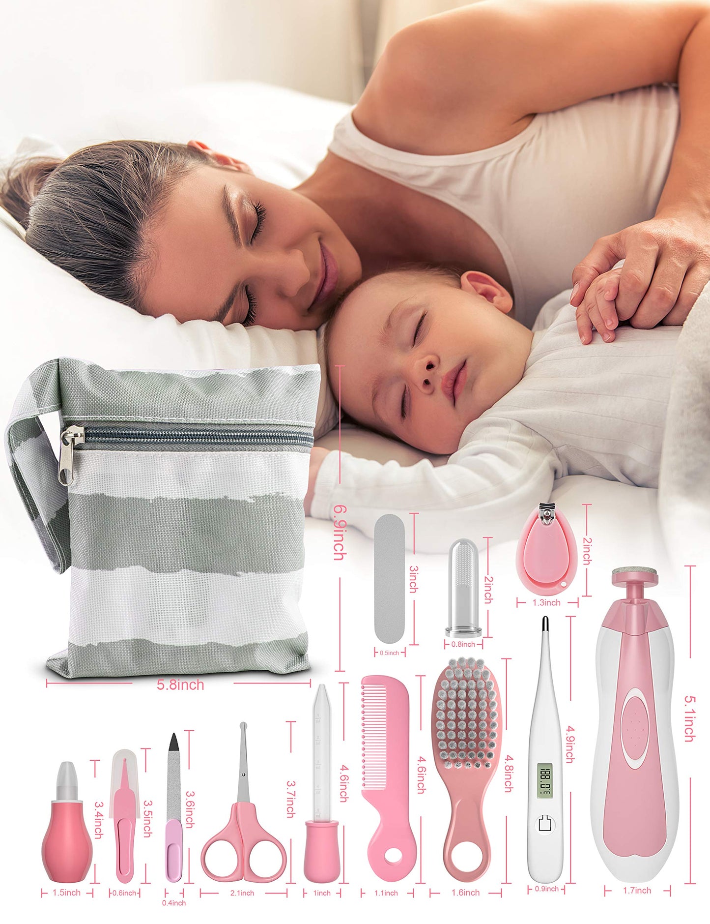 OTTOLIVES Baby Healthcare and Grooming Kit, 24 in 1 Baby Electric Nail Trimmer Set Newborn Nursery Health Care Set for Newborn Infant Toddlers Baby Boys Girls Kids Haircut Tools (0-3 Years+) (Pink)