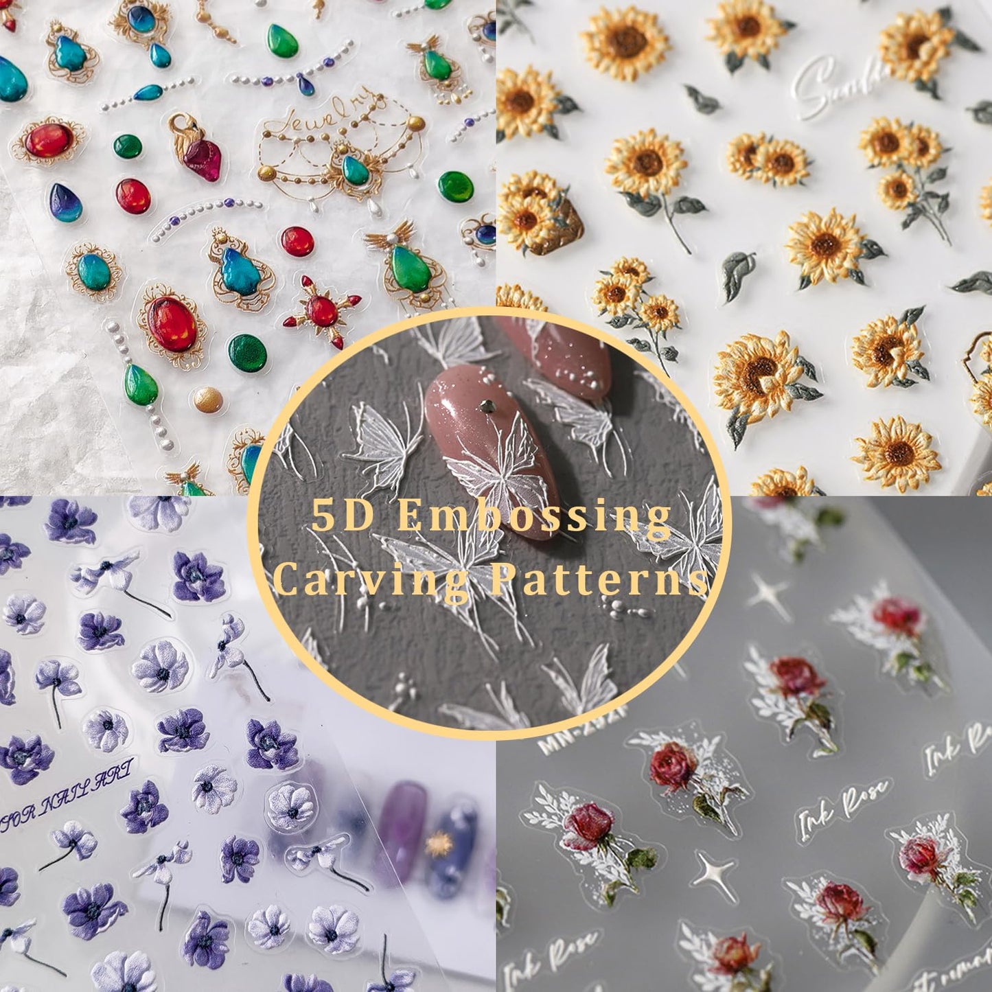 Flower Nail Art Stickers 5D Embossed Sunflower Nails Sticker for Nail Art Self-Adhesive Summer Nail Design Stickers Nail Supplies DIY Nail Decals 1 Sheet