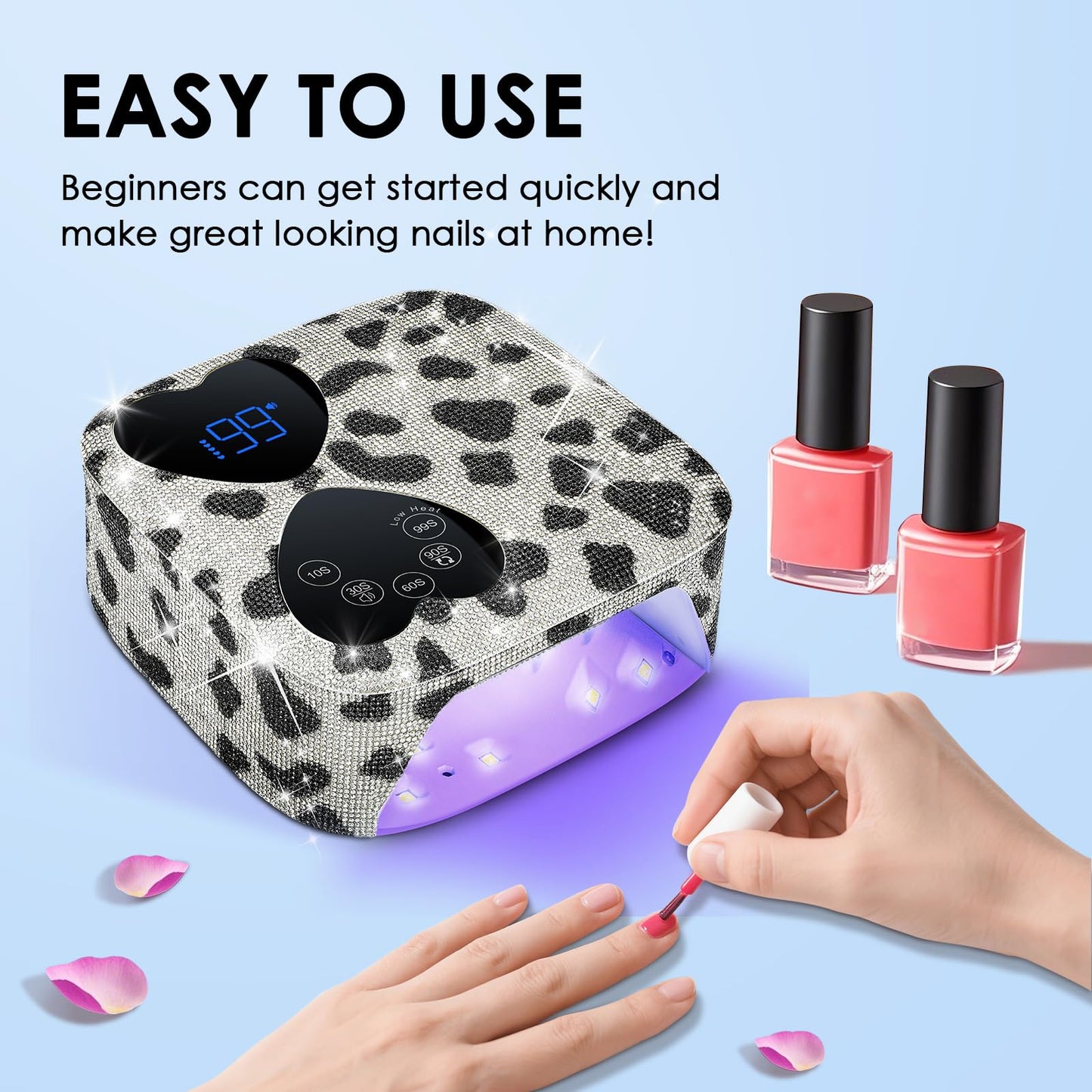 UV LED Nail Lamp Cordless, HUITINE 80W Rechargeable UV Light for Gel Nails with 5 Timers & Mirror Base, Professional Gel Light Dryer, Sparkling Rhinestones Curing Lamp for Salon & Home (Cow Diamond)