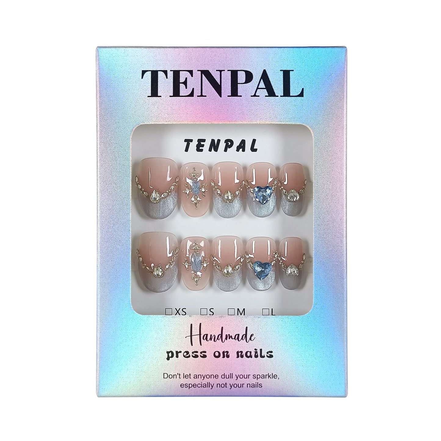 TENPAL Handmade Press on Nails Short Oval- Icy Blue French Tips Fake Nails with Cat Eye Designs, Glitter Glossy False Nails Kits for Women,Cute Sheer Stick on Nails for Daily Wear(M)