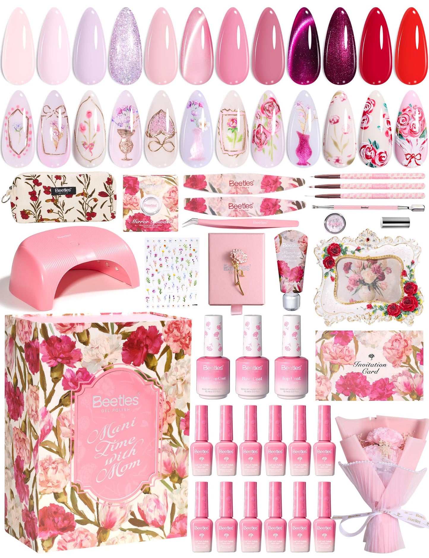 Beetles Mani Time with Mom Mother’s Day Gift Box, 12 Colors Purple Pink Red Cat Eye Gel Nail Polish Kit with U V Light, HEMA Free TPO Free Complete Manicure Kit Shea Butter Hand Cream Gift Box for Mom