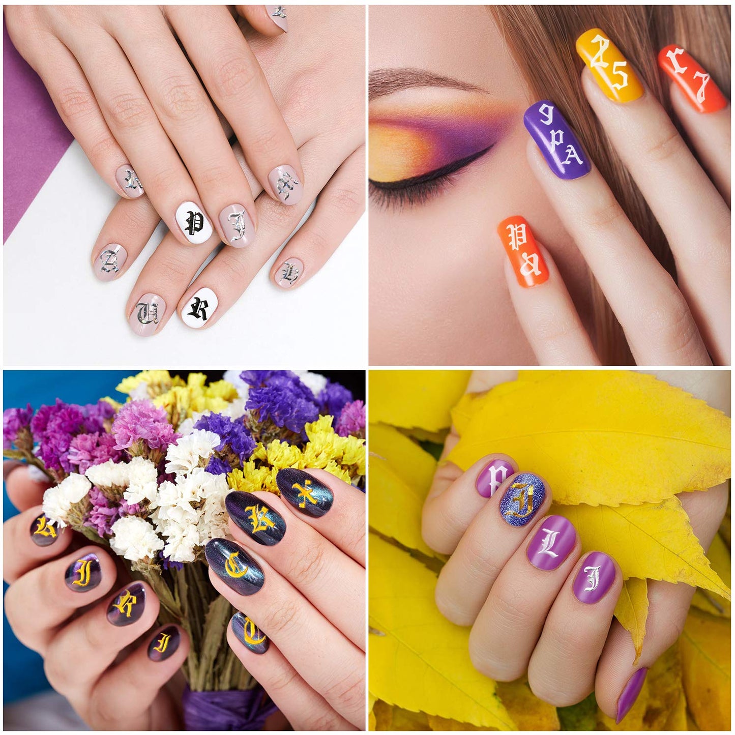 Maitys 24 Sheets Letter Nail Stickers 3D Holographic Self-Adhesive Old English Nail Decals Gold Black White Retro Alphabet Cursive Design Manicure Accessories for Nails Art Women DIY