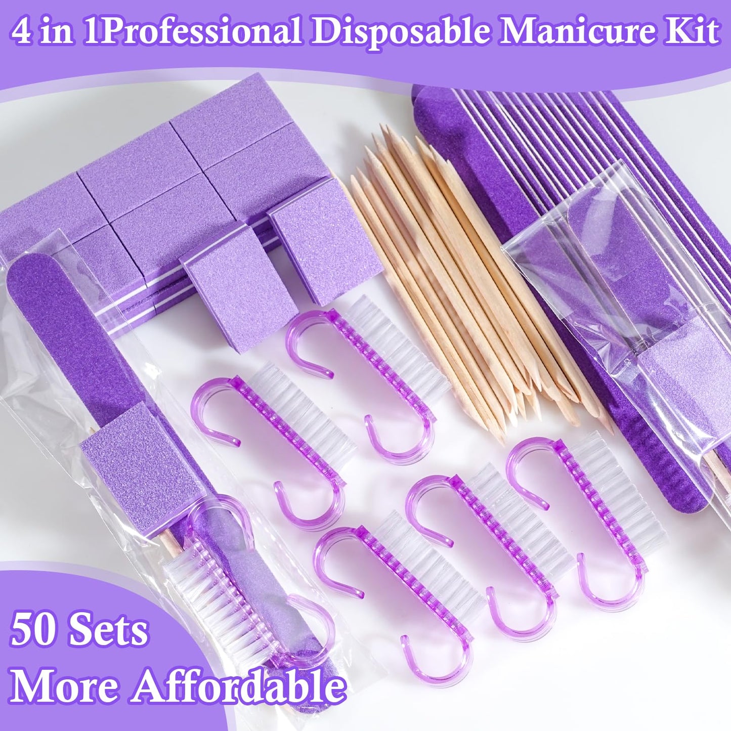 50 Sets Disposable Manicure Kit Basics 4 Piece Nail Kit for Travel,Handle Grip Brush,Mini Nail Buffer Nail File and Wood Stick for Gifts Salon Home Professional(50 Set -Purple)