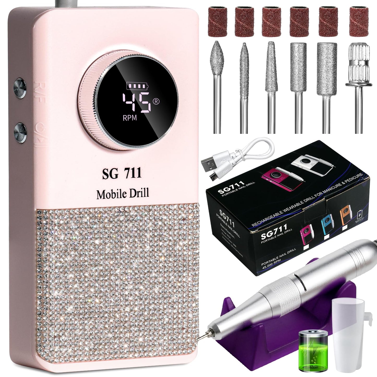 LIMEGIRL Professional Electric Nail File Drill Bits Kit 45000RPM for Acrylic Toenail Machine Clippers with 14 Drill Bit Gradient Pink Portable Rechargeable Cordless